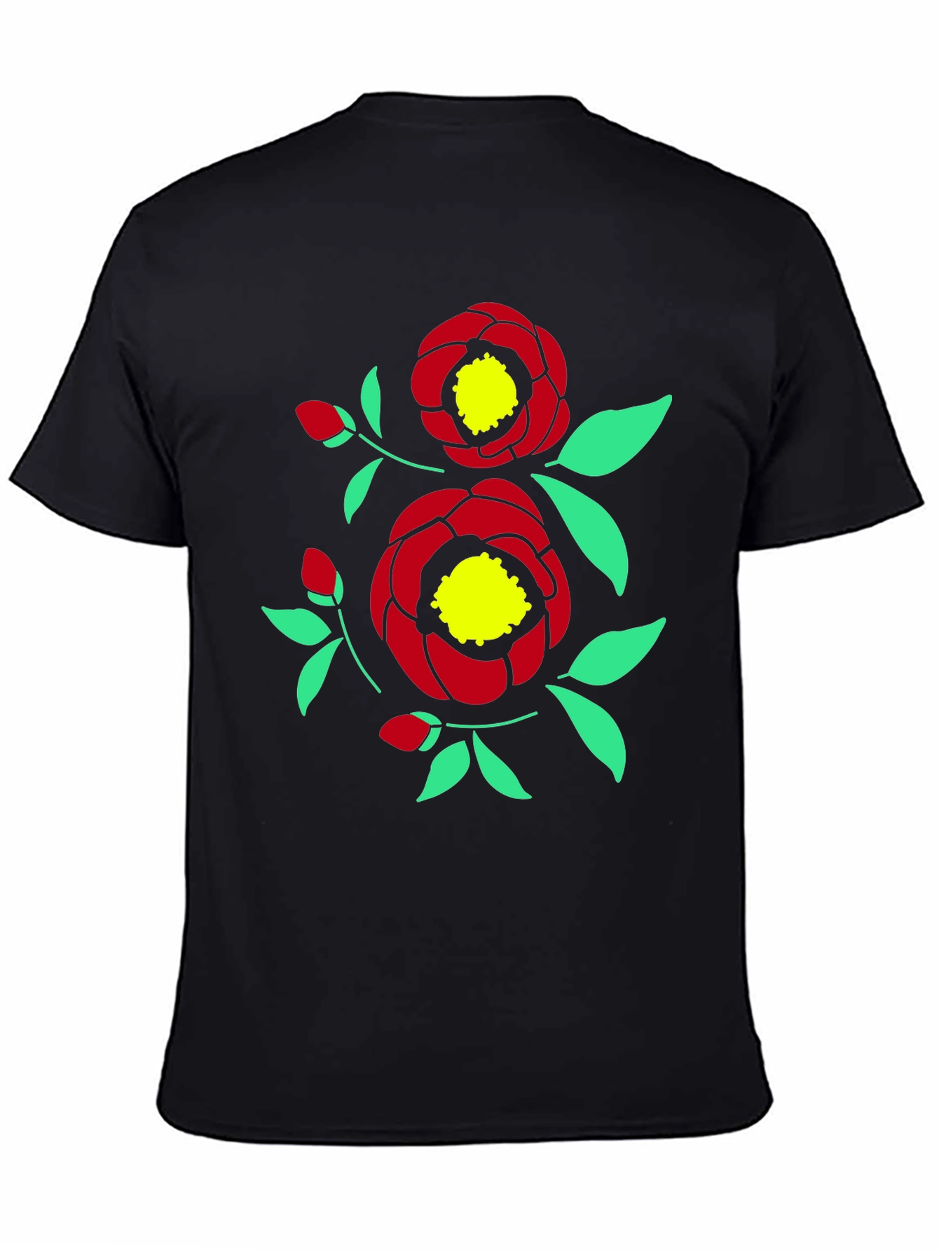 Black Floral Print Tee - Black Cotton Casual view 4