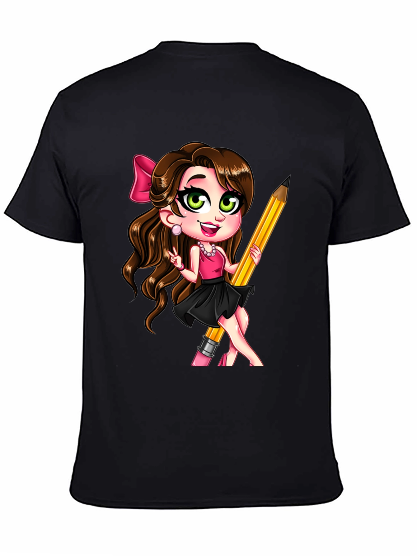 Black Fun Cartoon Girl with Pencil Black T-Shirt view 4