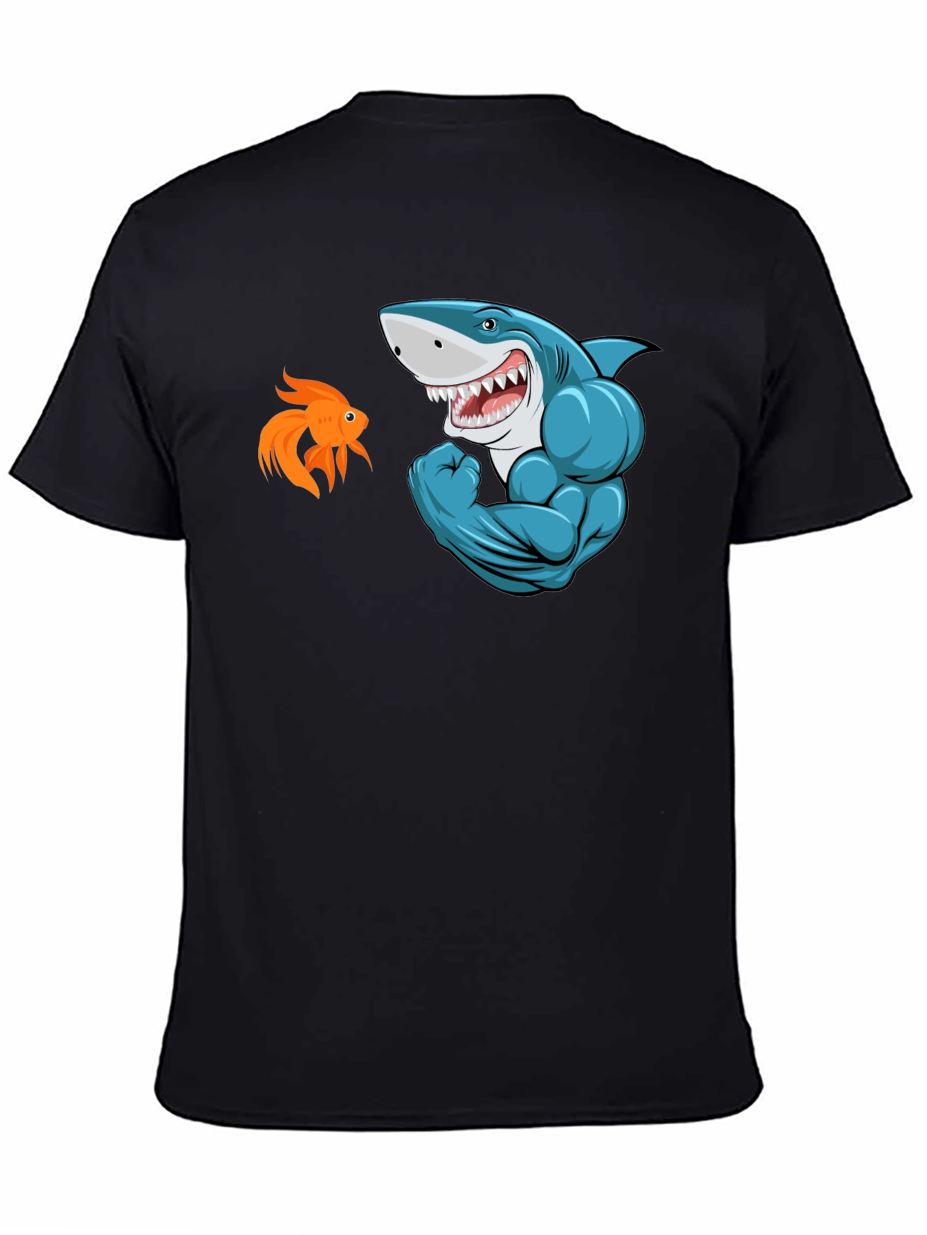 Black Funny Shark vs Goldfish Graphic Tee view 4