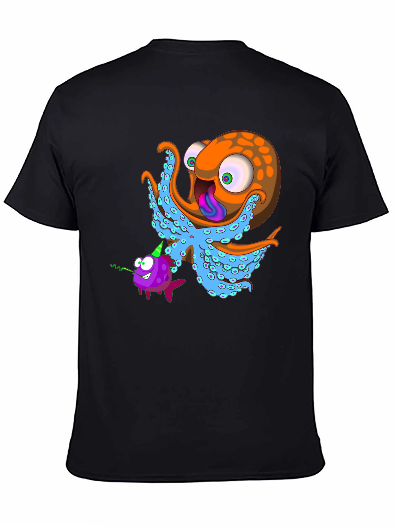 Black Octopus & Fish Graphic Tee - Unique Cartoon Design view 4