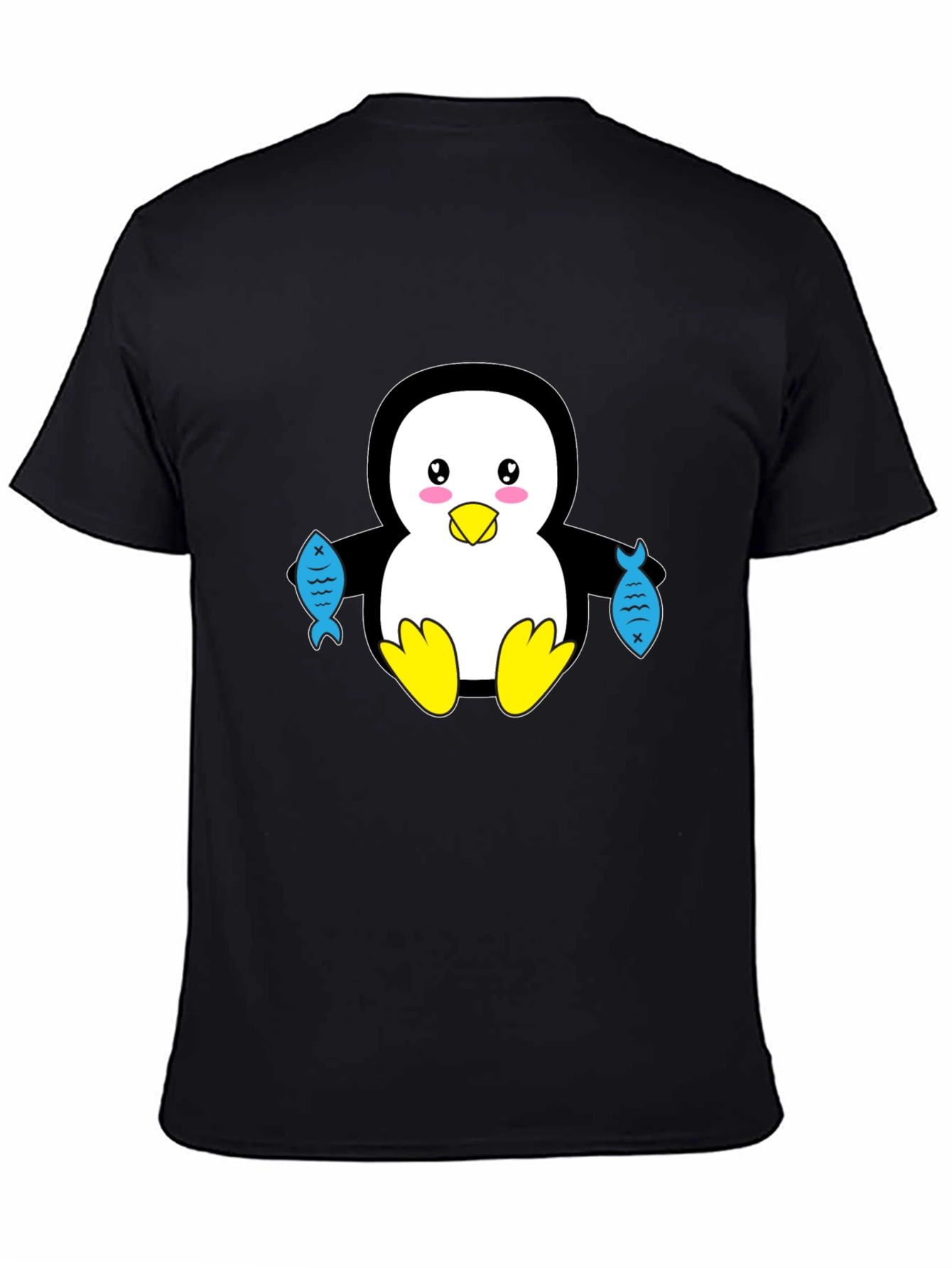 Black Cute Penguin Holding Fish Graphic T-Shirt view 4