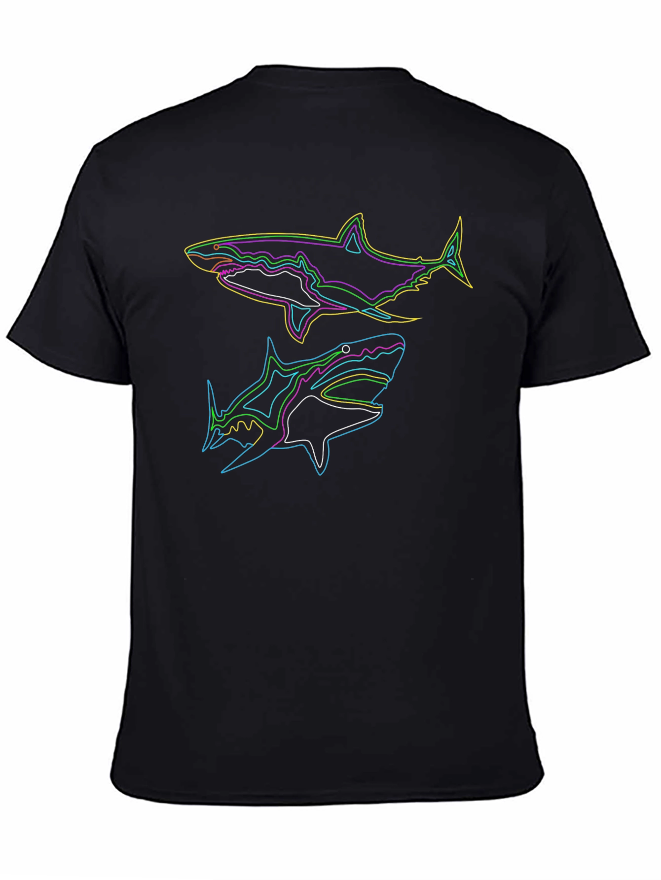 Black Neon Sharks Graphic Black T-Shirt view 4