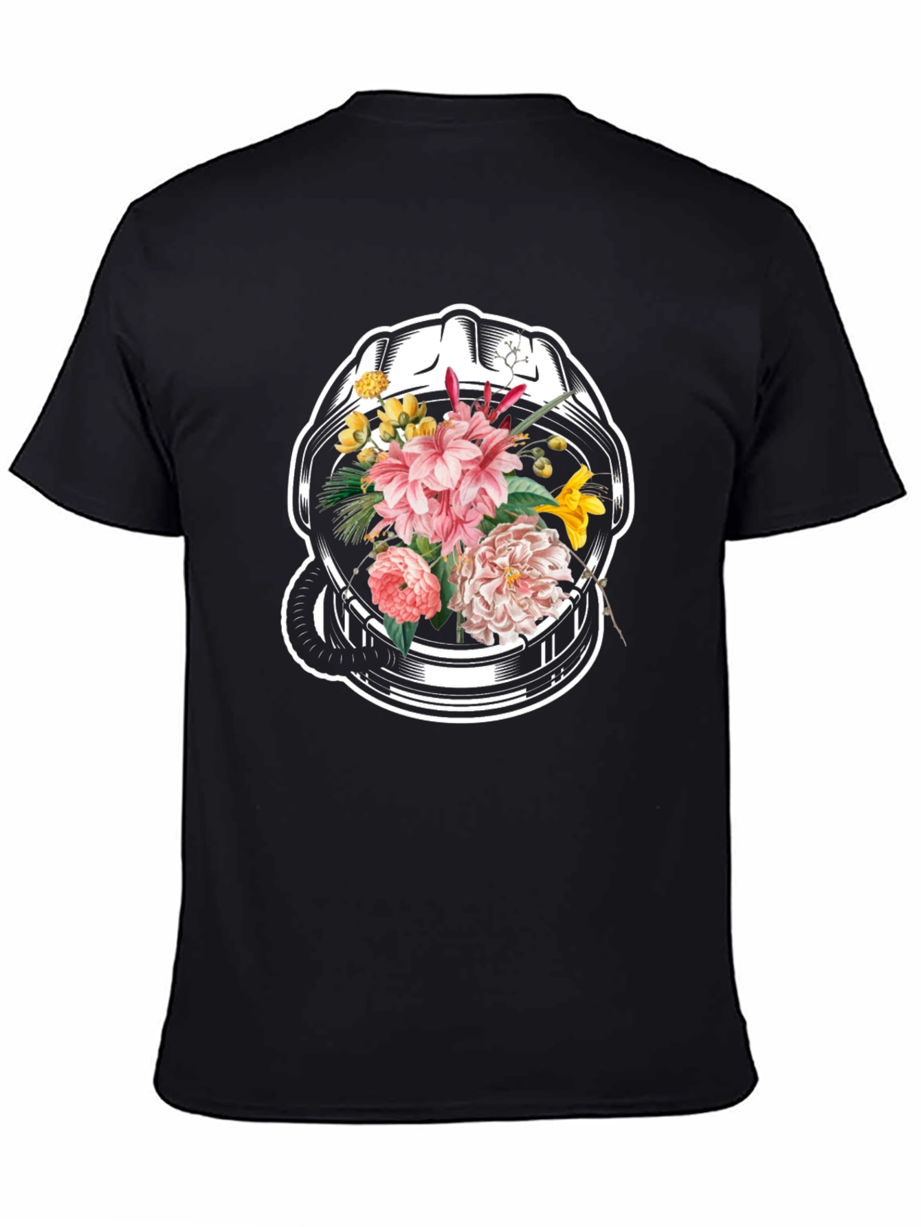 Black Floral Astronaut Helmet Graphic Tee - Unique Design view 4