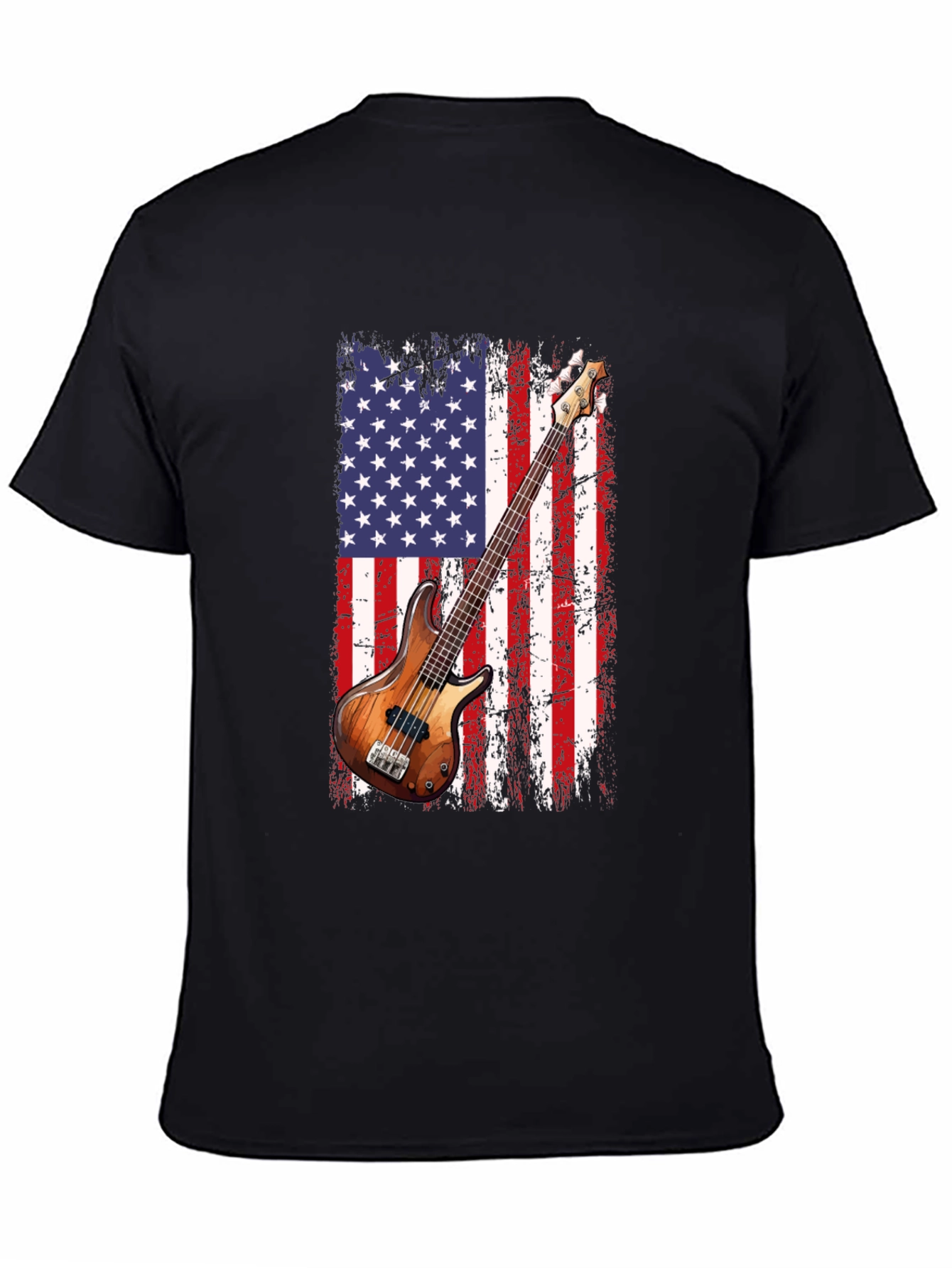 Black USA Flag Bass Guitar T-Shirt view 4
