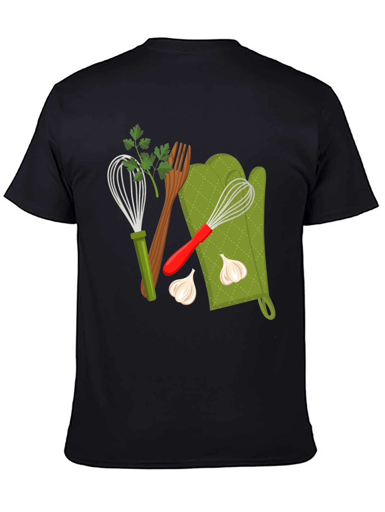 Black Cooking Lover Graphic T-Shirt: Whisk, Fork, and Garlic Design view 4