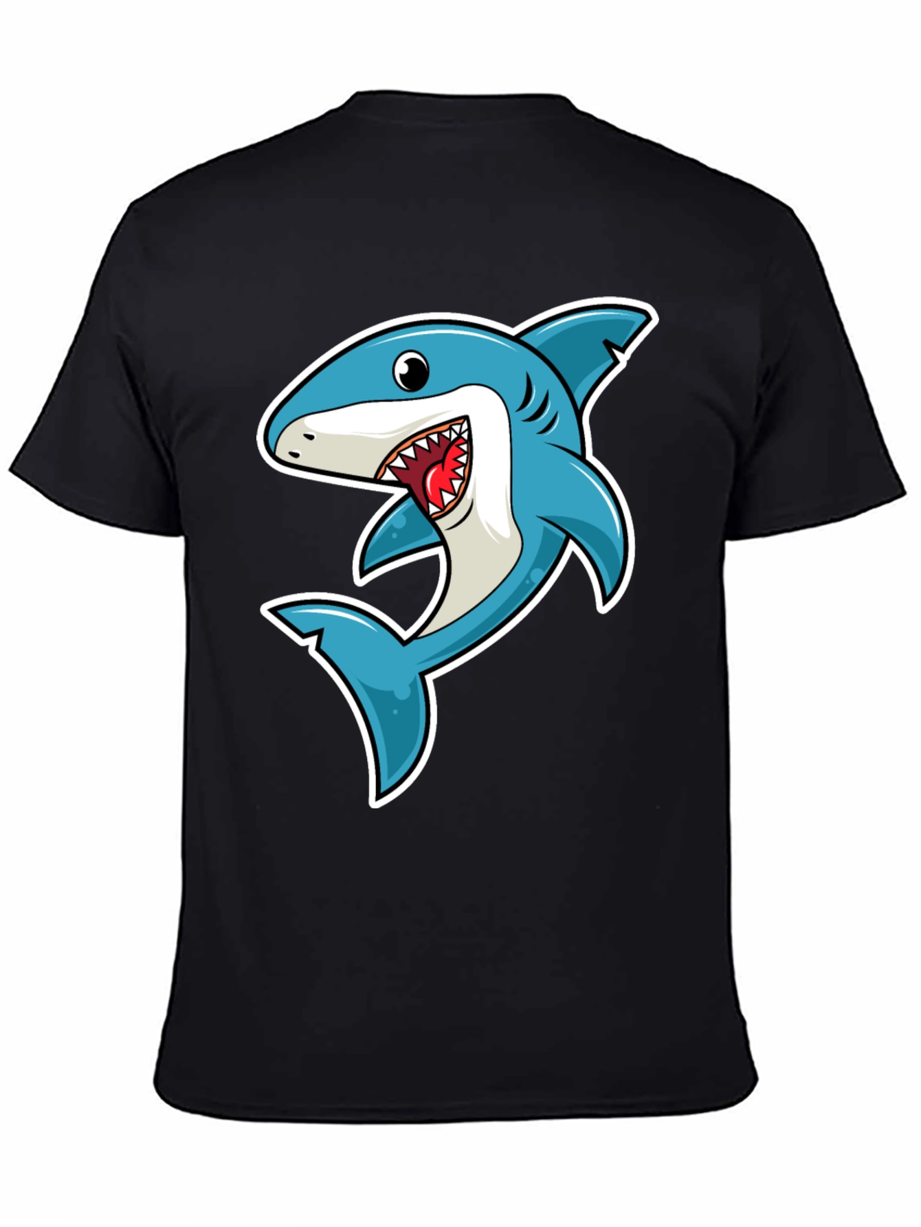 Black Shark Cartoon Graphic Tee - Black Cotton T-Shirt view 4