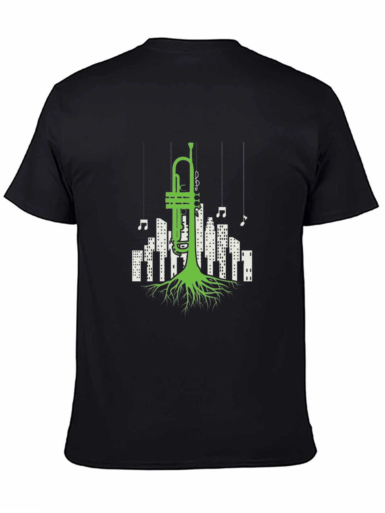 Black Jazz Roots T-Shirt - Trumpet Cityscape Design view 4