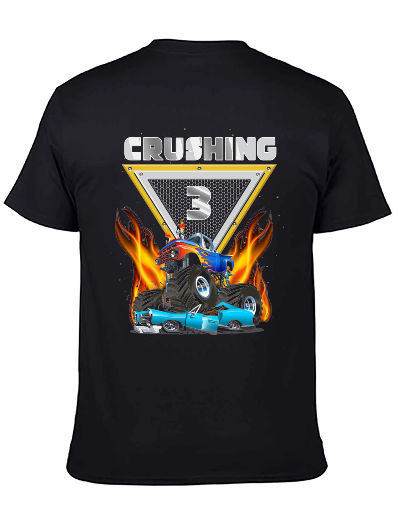 Black Crushing Three Monster Truck Birthday T-Shirt view 4