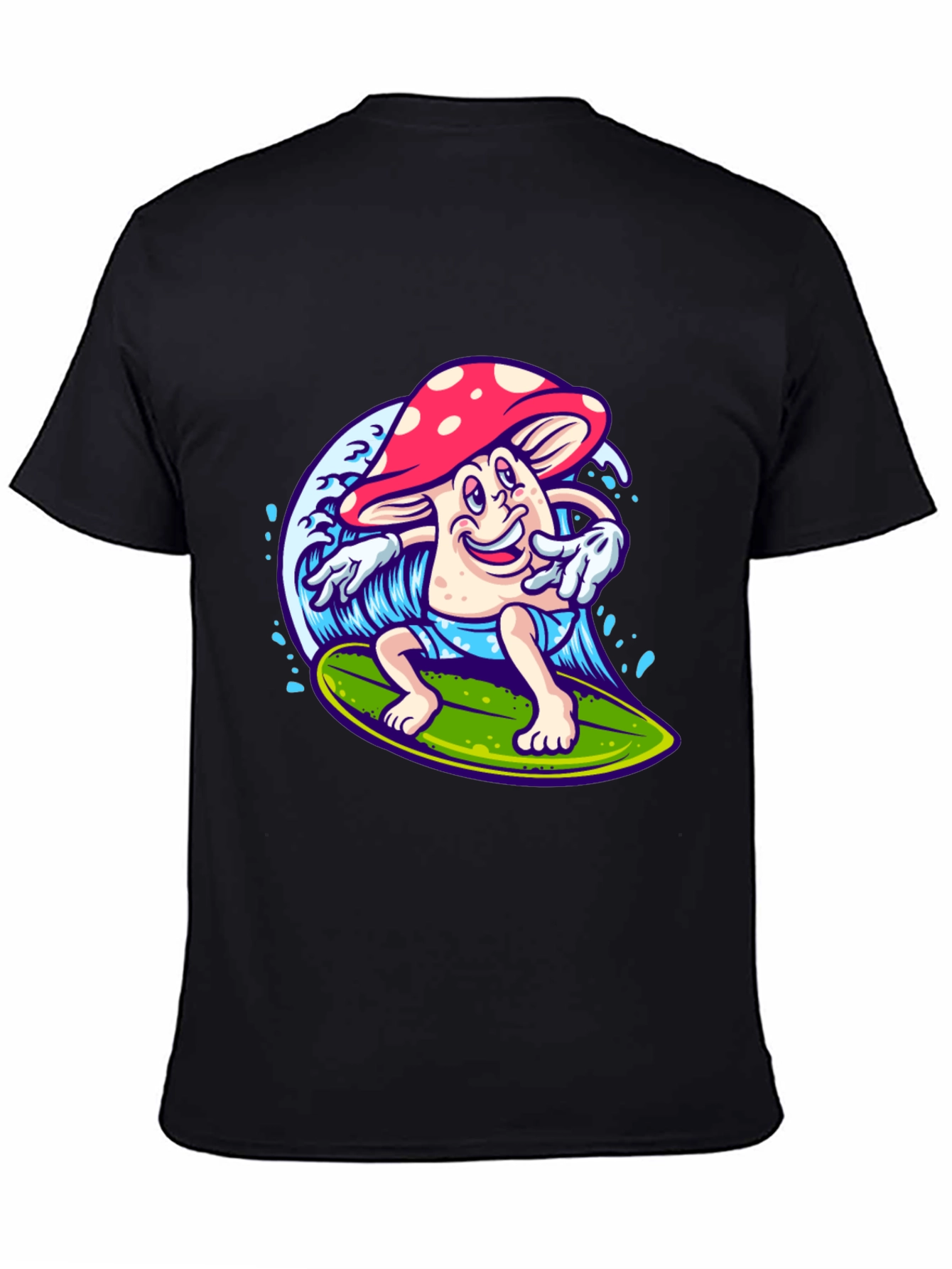 Black Surfing Mushroom Graphic T-Shirt view 4