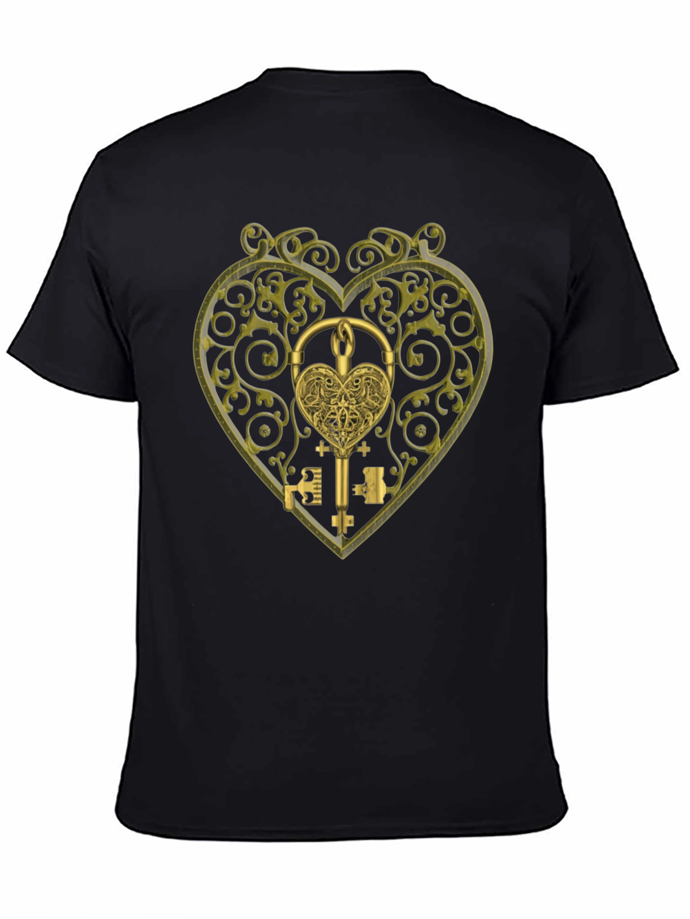 Black Ornate Heart Lock & Key Black Graphic Tee view 4
