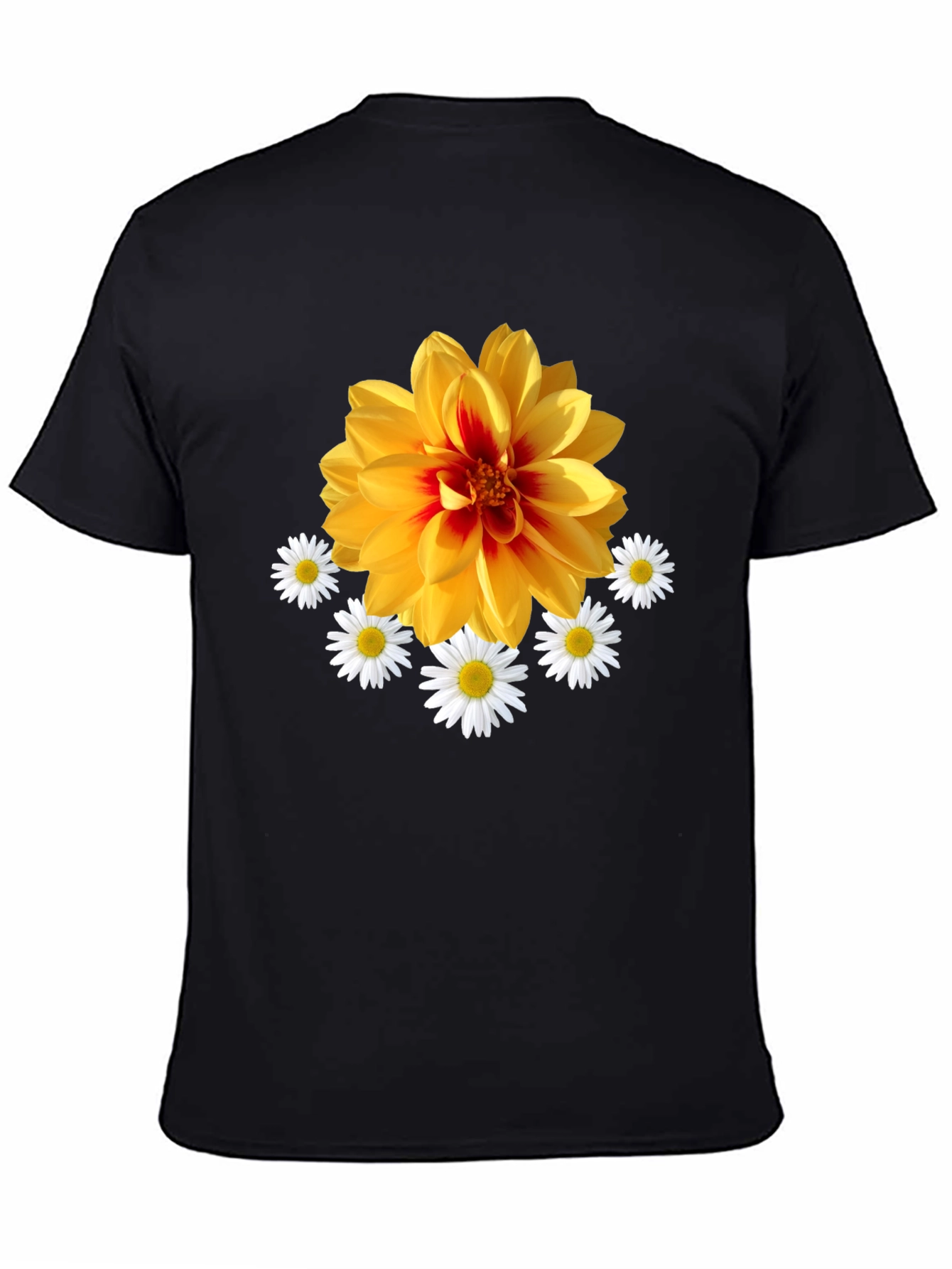 Black Floral Graphic T-Shirt: Yellow Dahlia & Daisies, Black Tee view 4