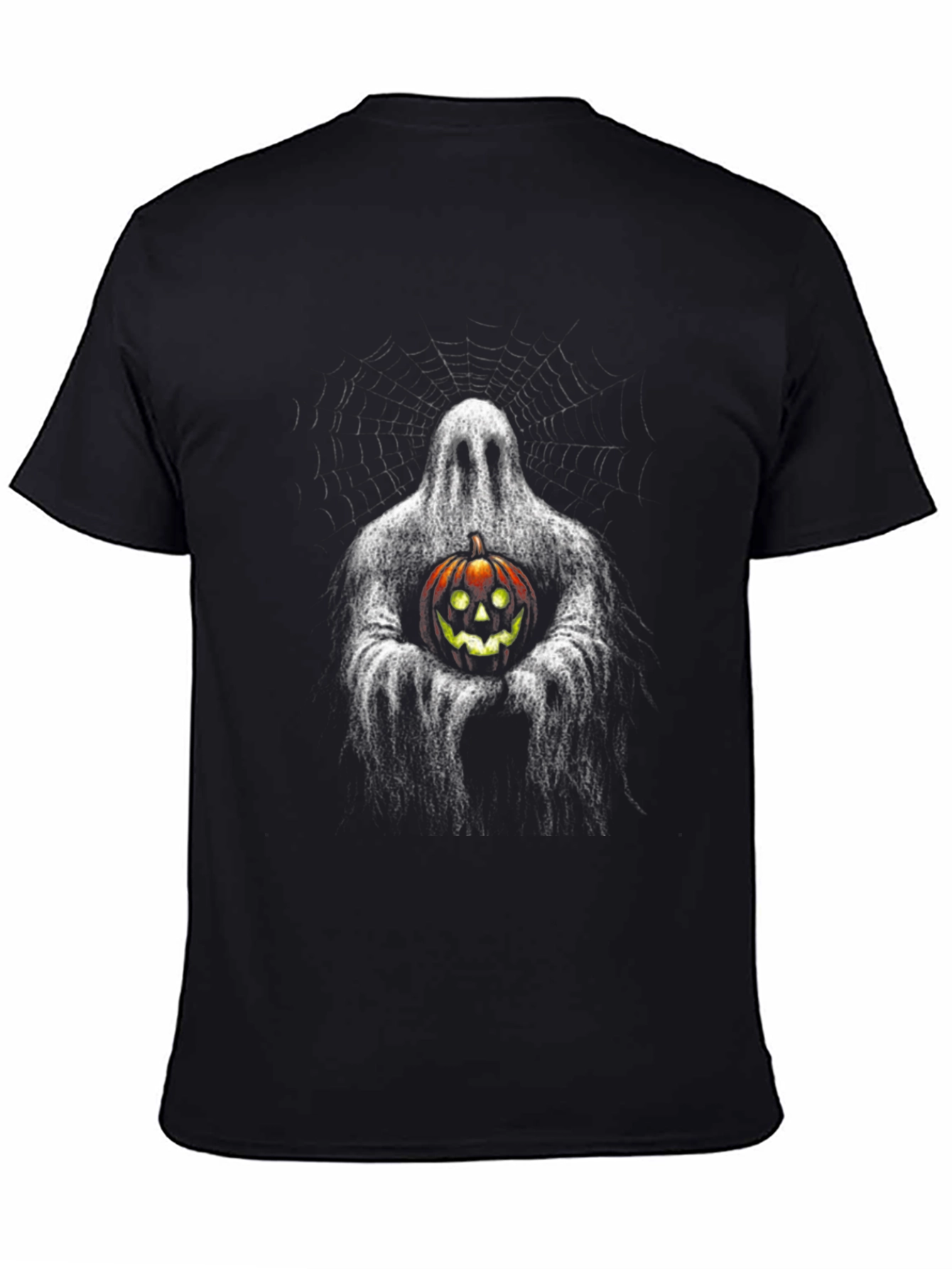 Black Ghost Holding Pumpkin Halloween Black T-Shirt view 4