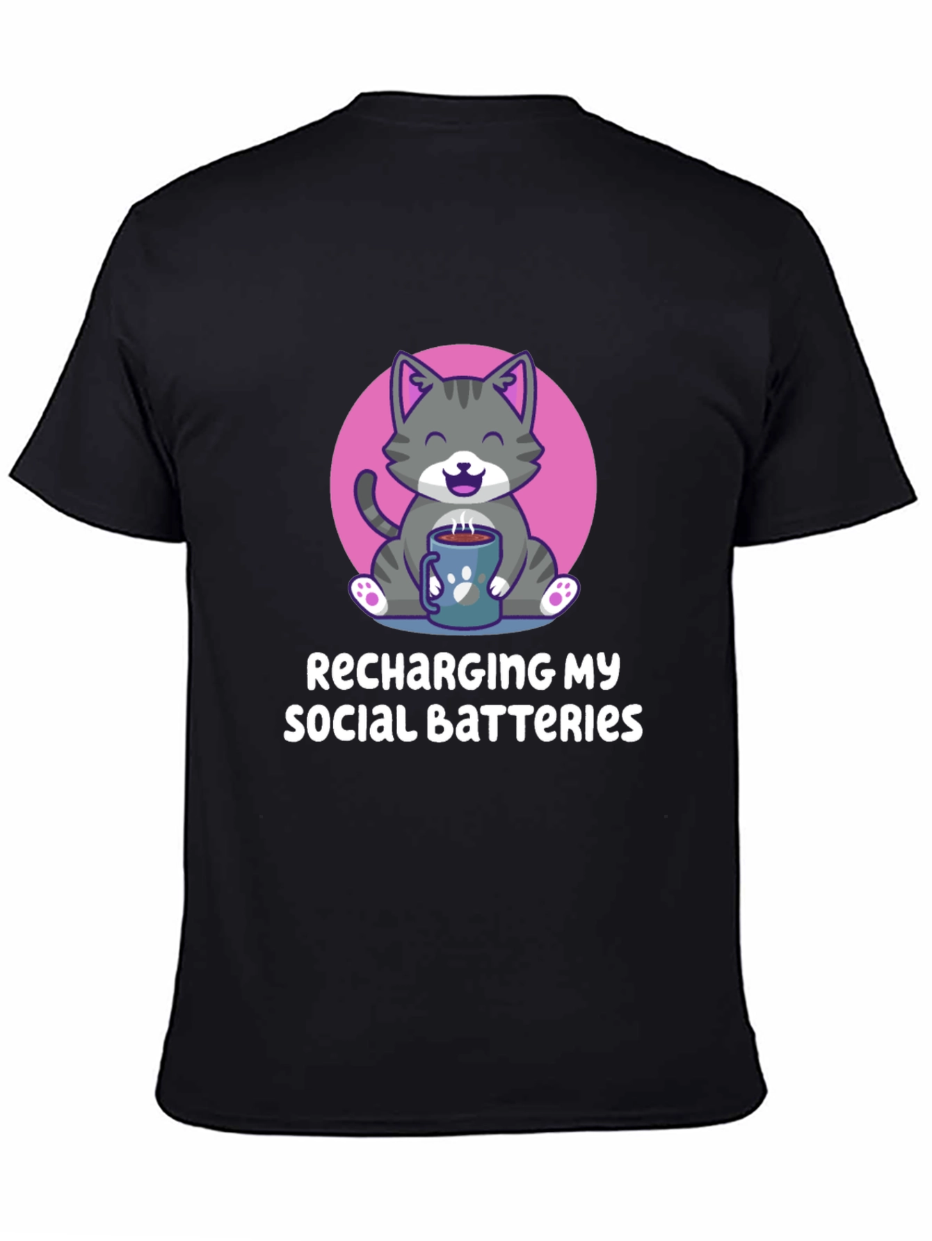 Black Recharging My Social Batteries Cat T-Shirt view 4