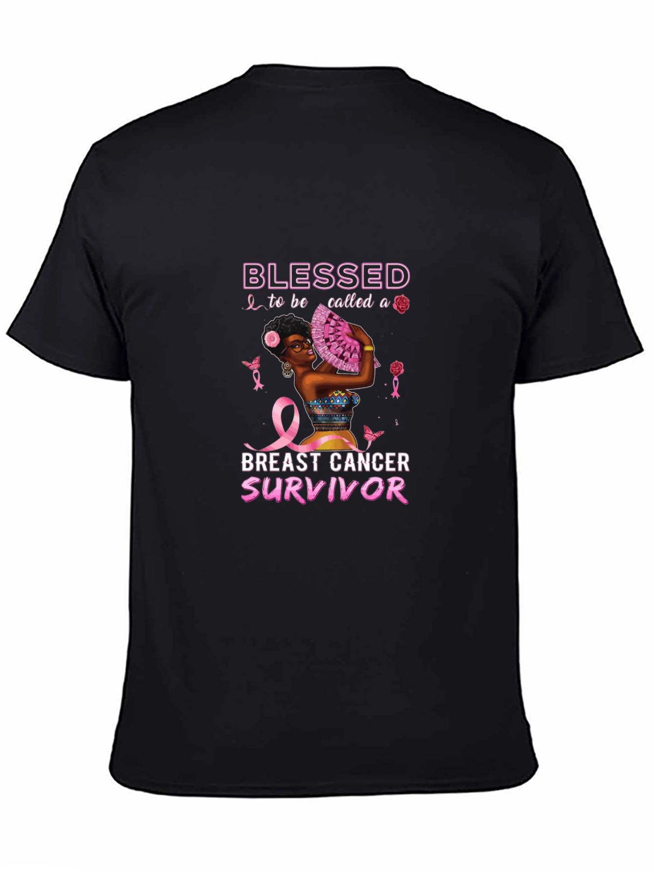 Black Breast Cancer Survivor Blessed Black T-Shirt view 4