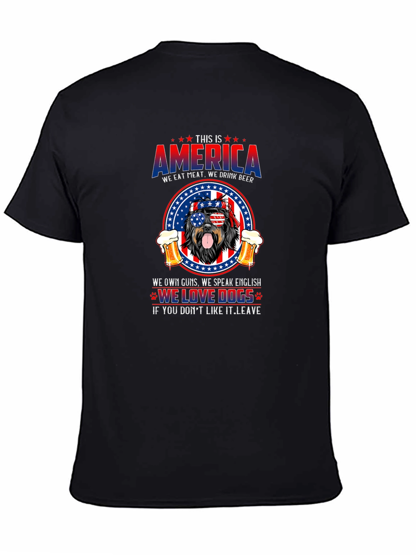 Black Patriotic Dog T-Shirt: America, Meat, Beer, and Dogs view 4