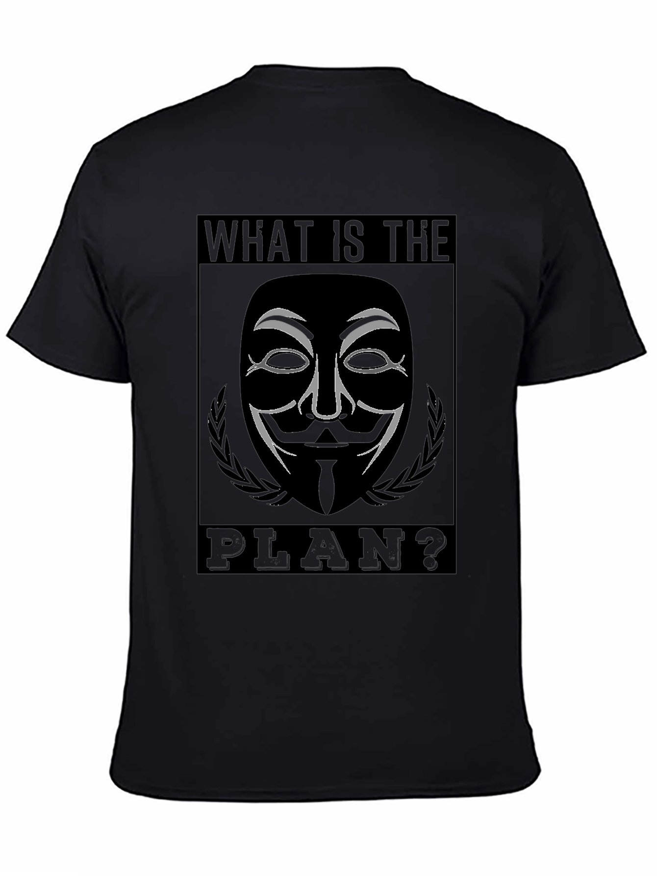 Black Guy Fawkes "What is the Plan?" Black T-Shirt view 4