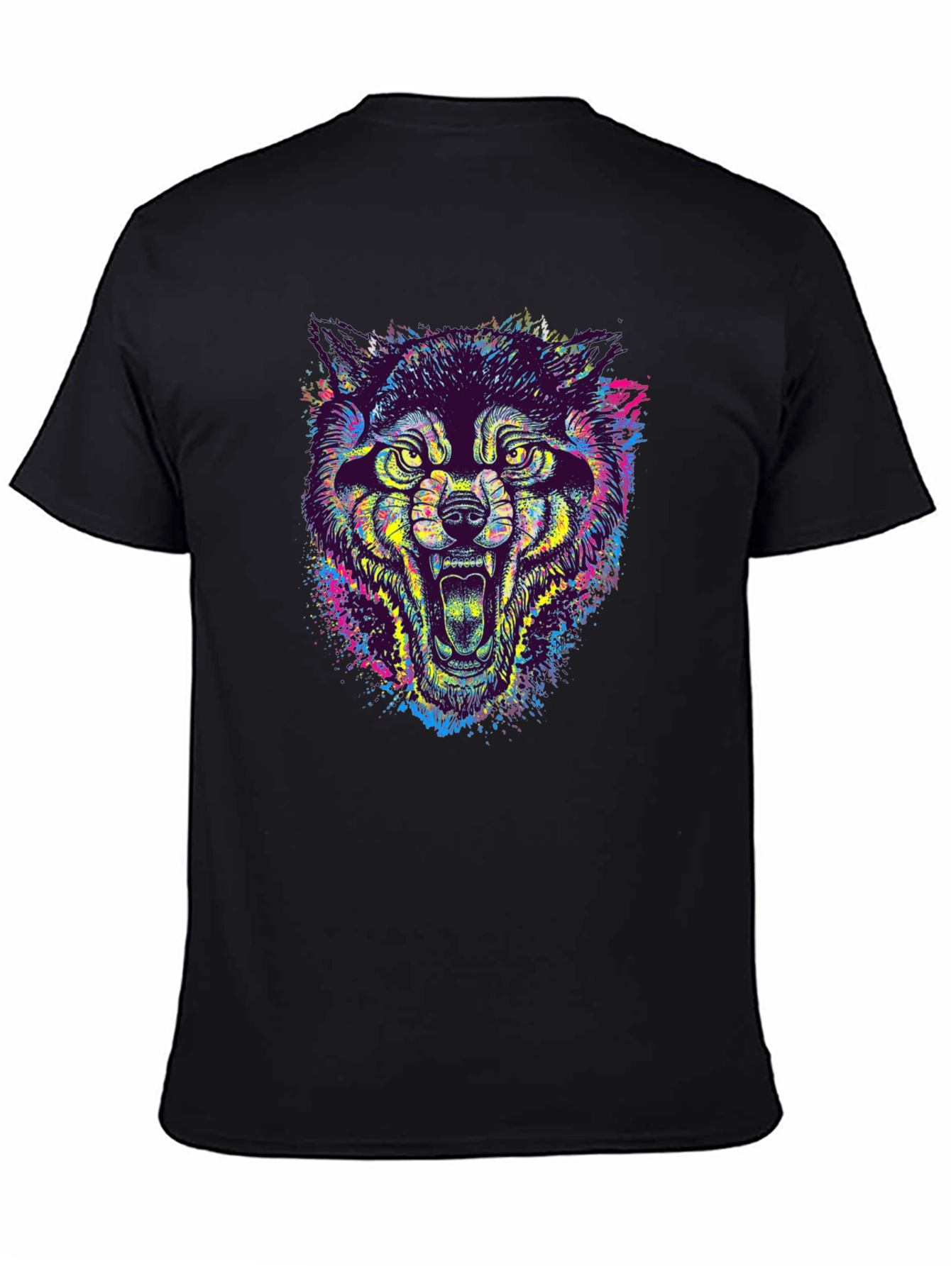 Black Colorful Wolf Graphic Tee - Unique Animal Print T-Shirt view 4