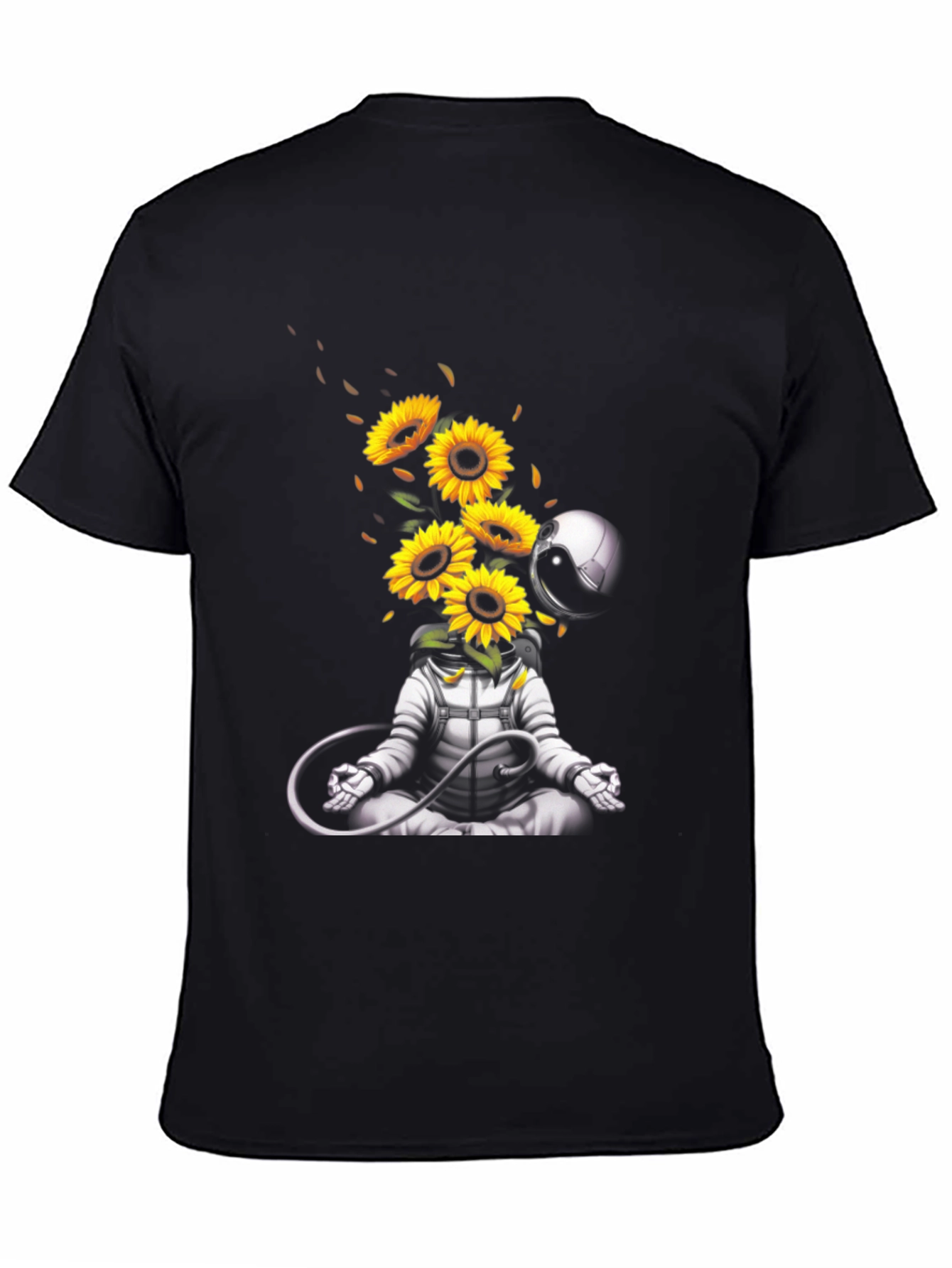 Black Meditating Astronaut with Sunflowers Graphic T-Shirt view 4