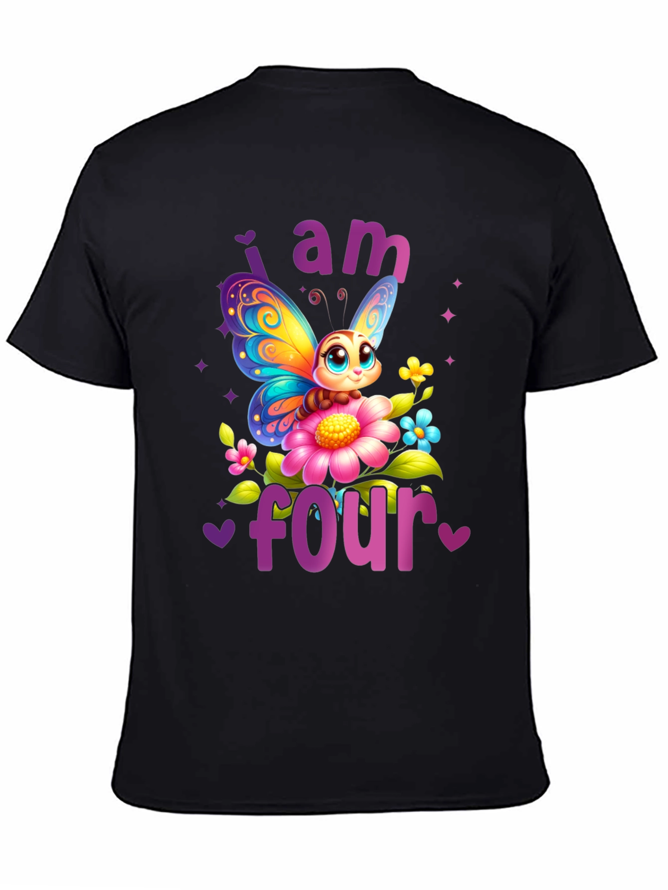 Black Cute Butterfly 4th Birthday T-Shirt view 4