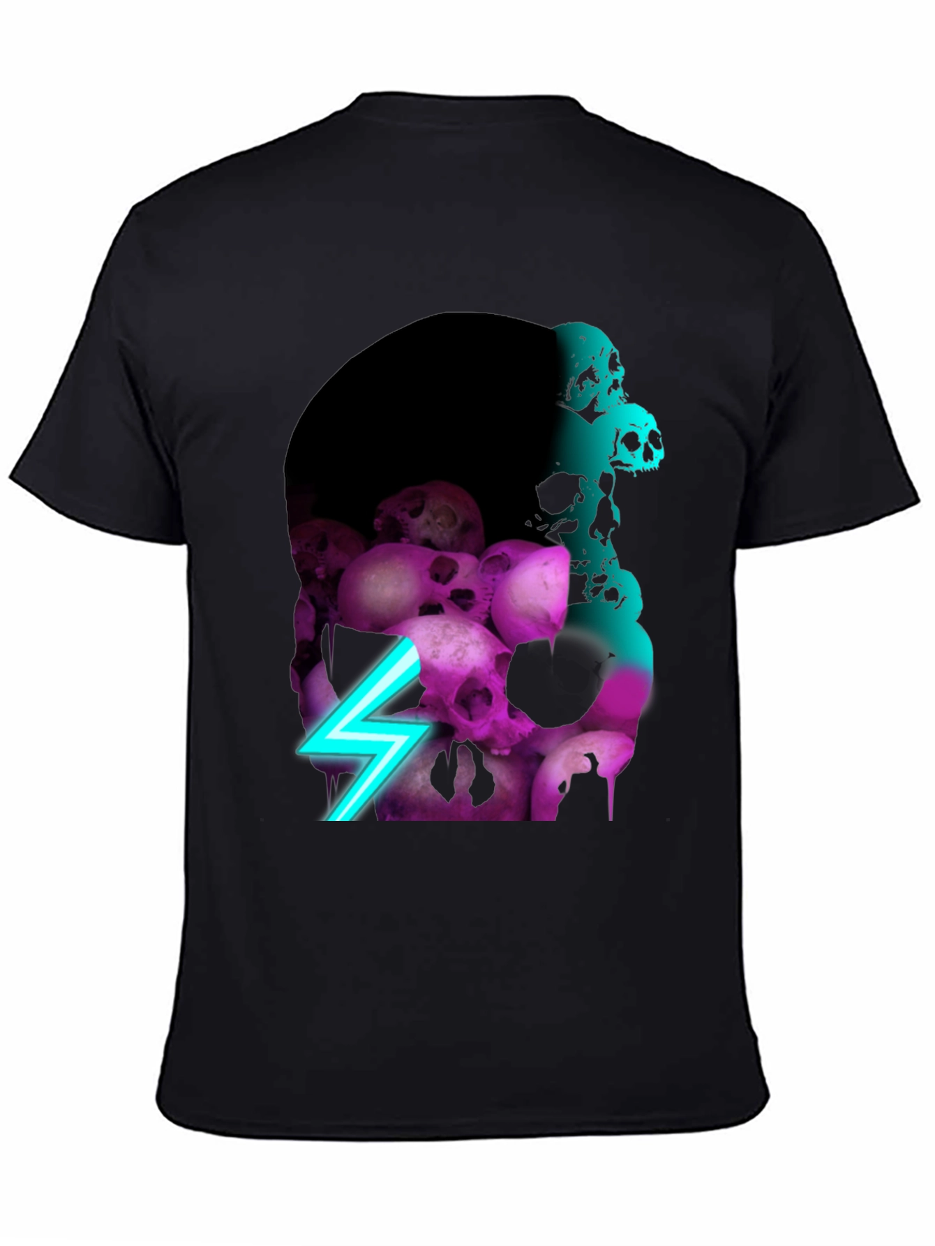 Black Skull Pile Graphic Tee - Neon Lightning Bolt Design view 4