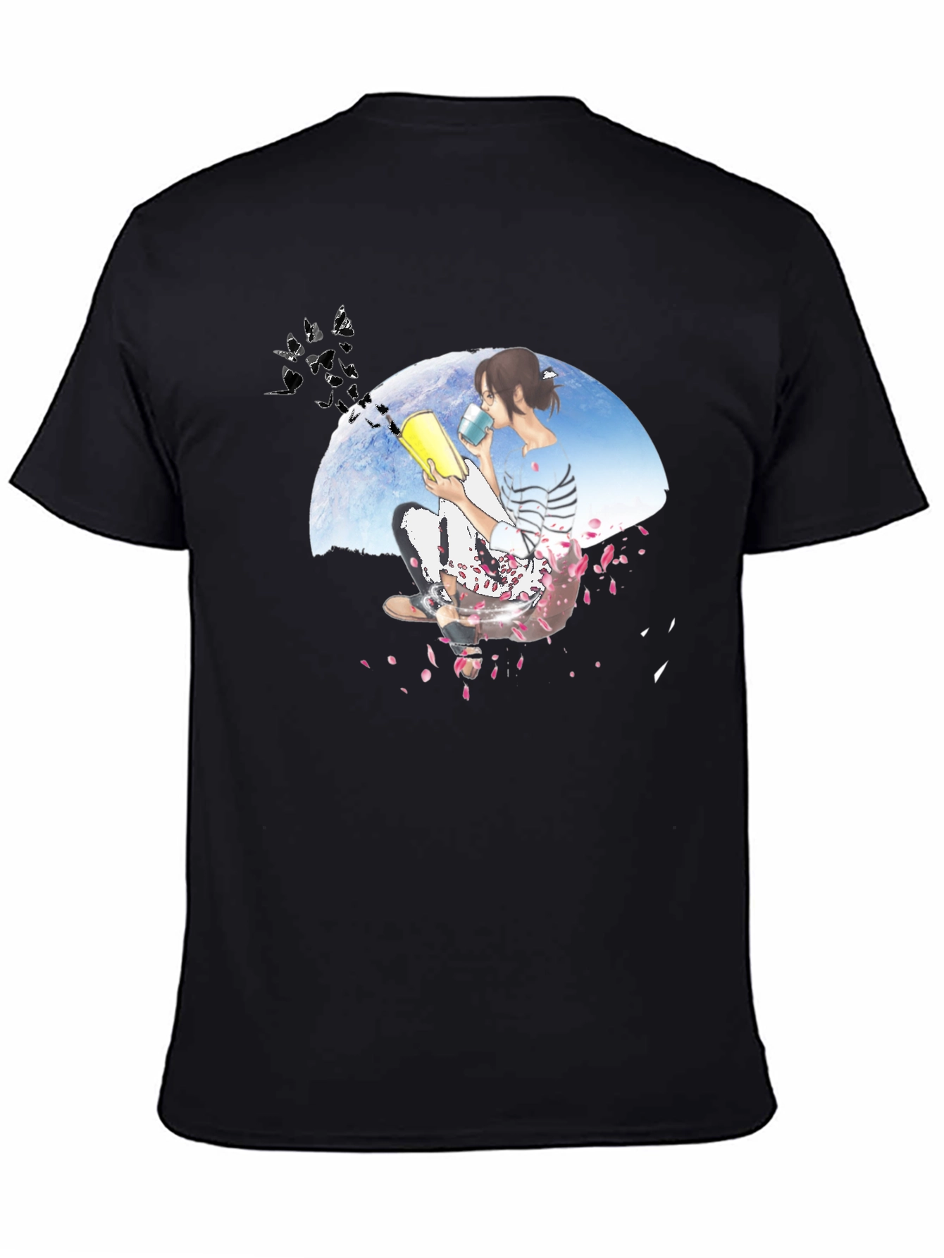Black Anime Girl Reading Book Black T-Shirt view 4