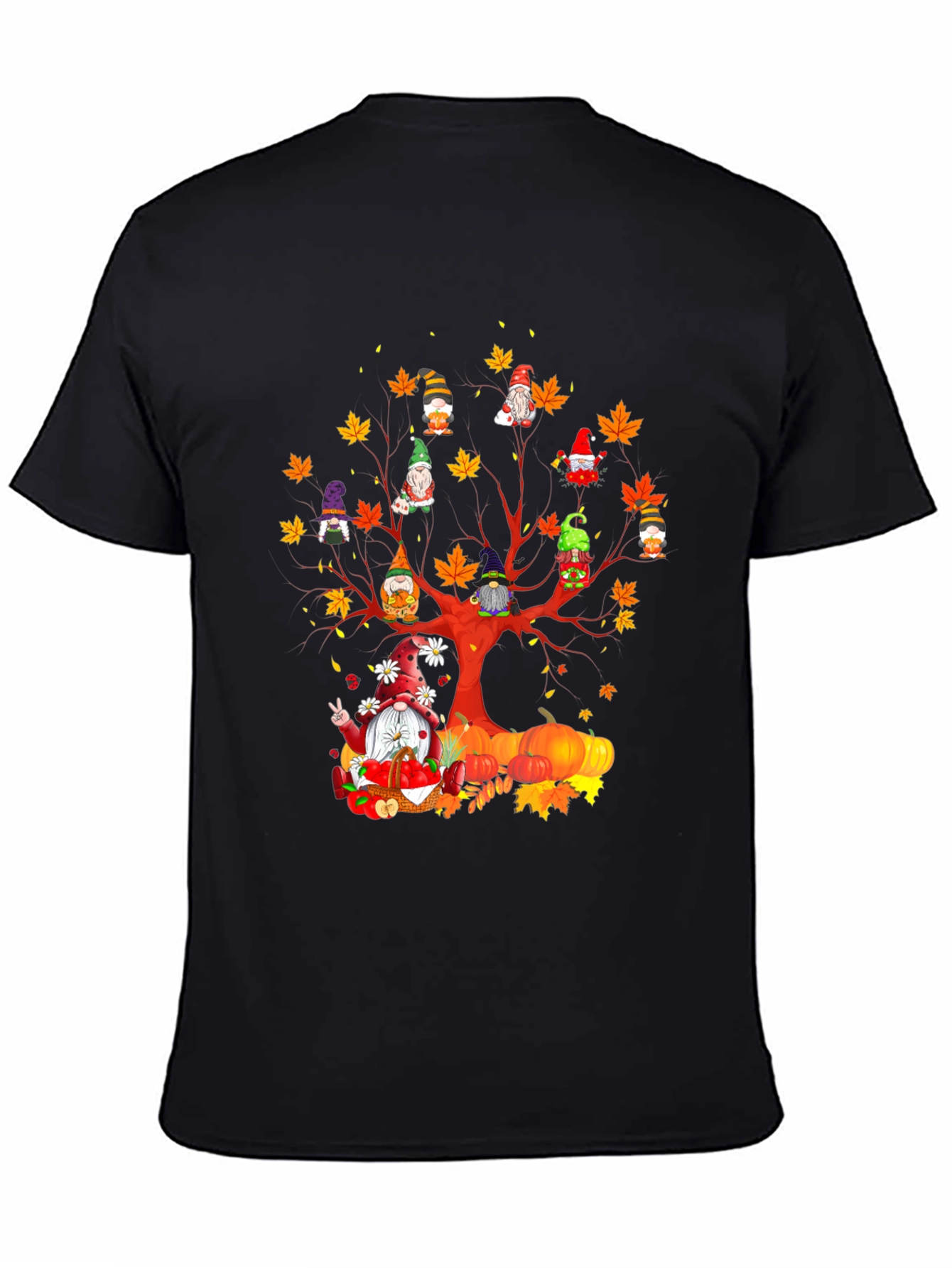 Black Fall Gnomes T-Shirt - Autumn Harvest Tree Design view 4