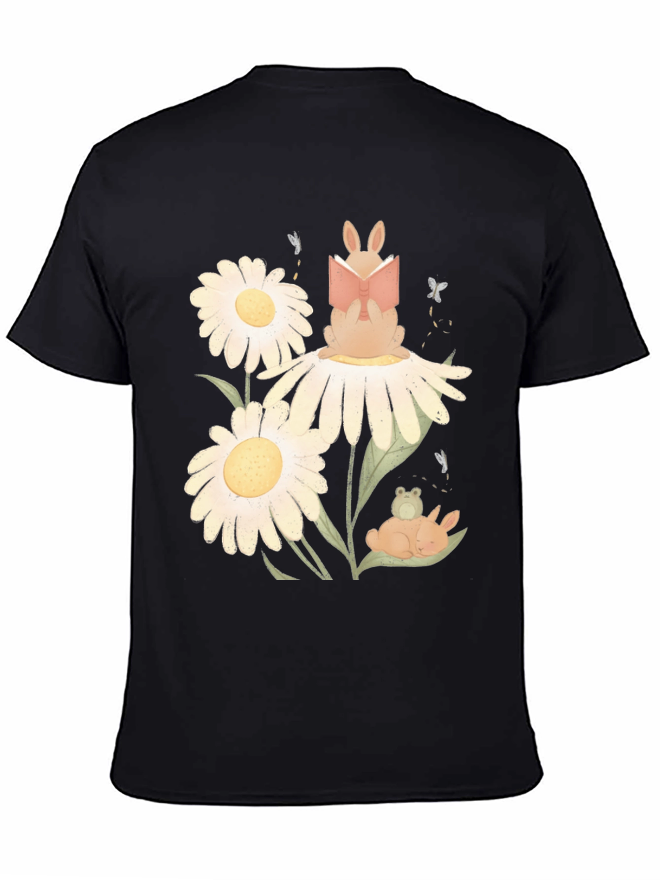 Black Whimsical Reading Bunny Graphic Tee view 4