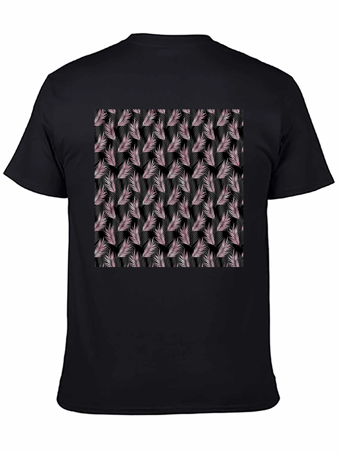 Black Tropical Leaf Pattern Black T-Shirt view 4