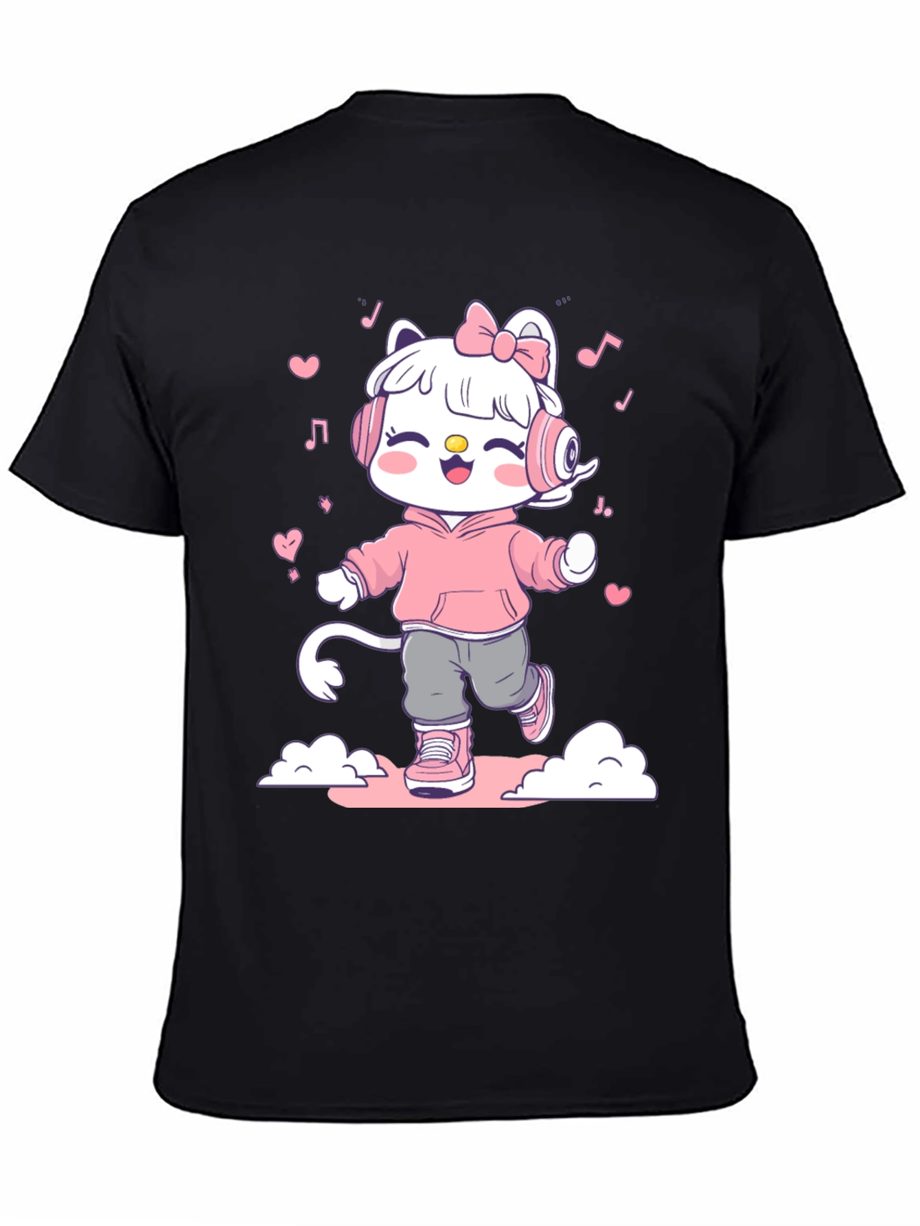Black Cute Cartoon Cat on Black T-Shirt view 4
