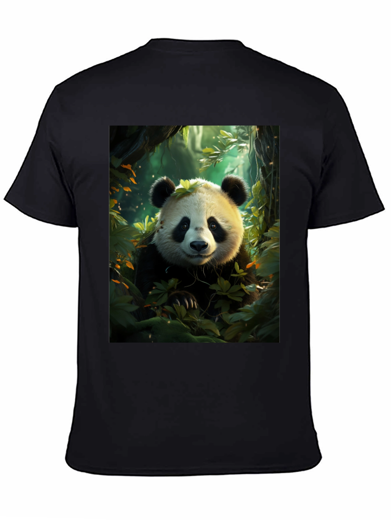 Black Panda in Forest Black T-Shirt view 4