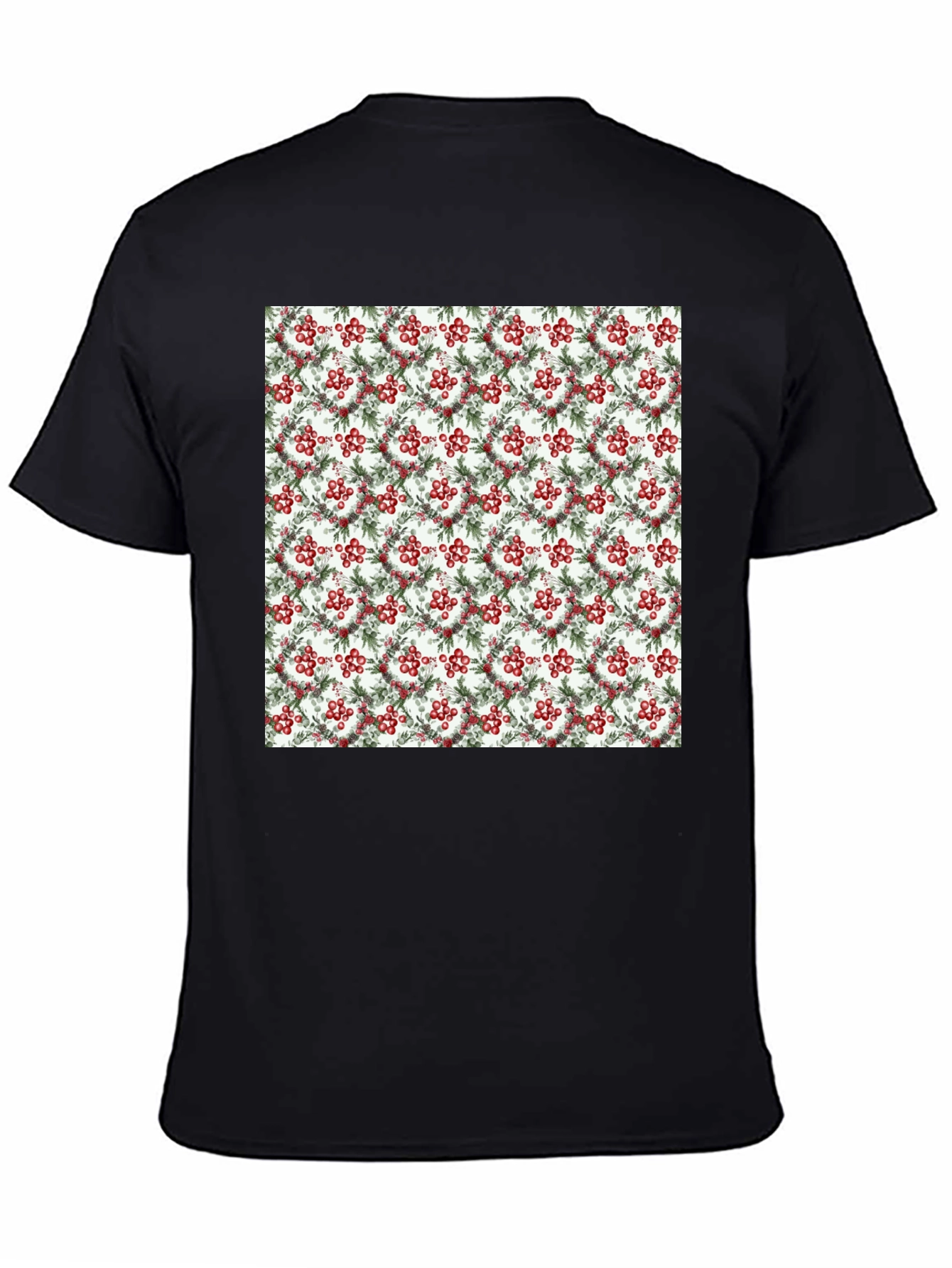 Black Festive Berry Wreath Pattern Black T-Shirt view 4