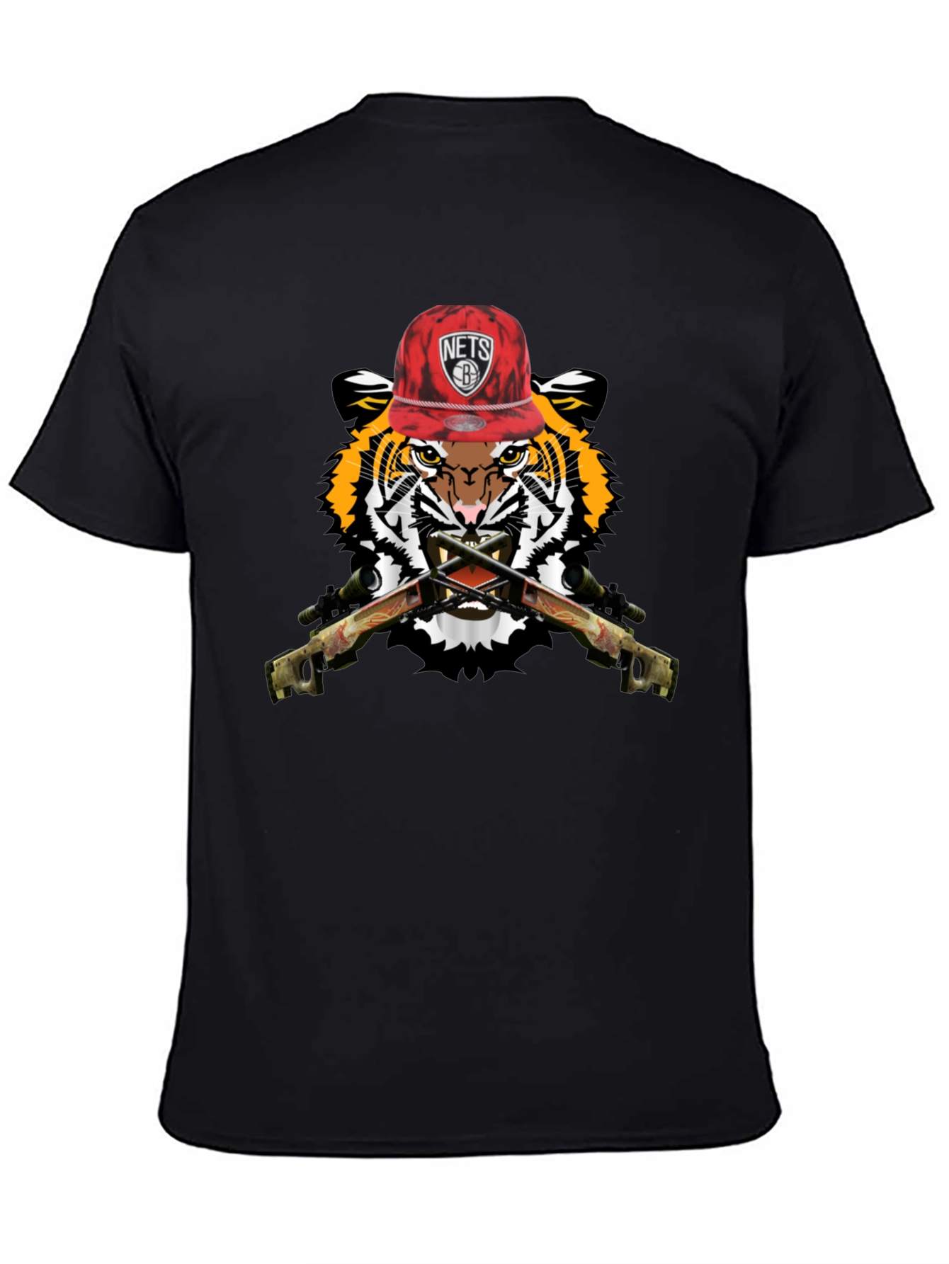 Black Tiger with Nets Hat Graphic Print T-Shirt view 4