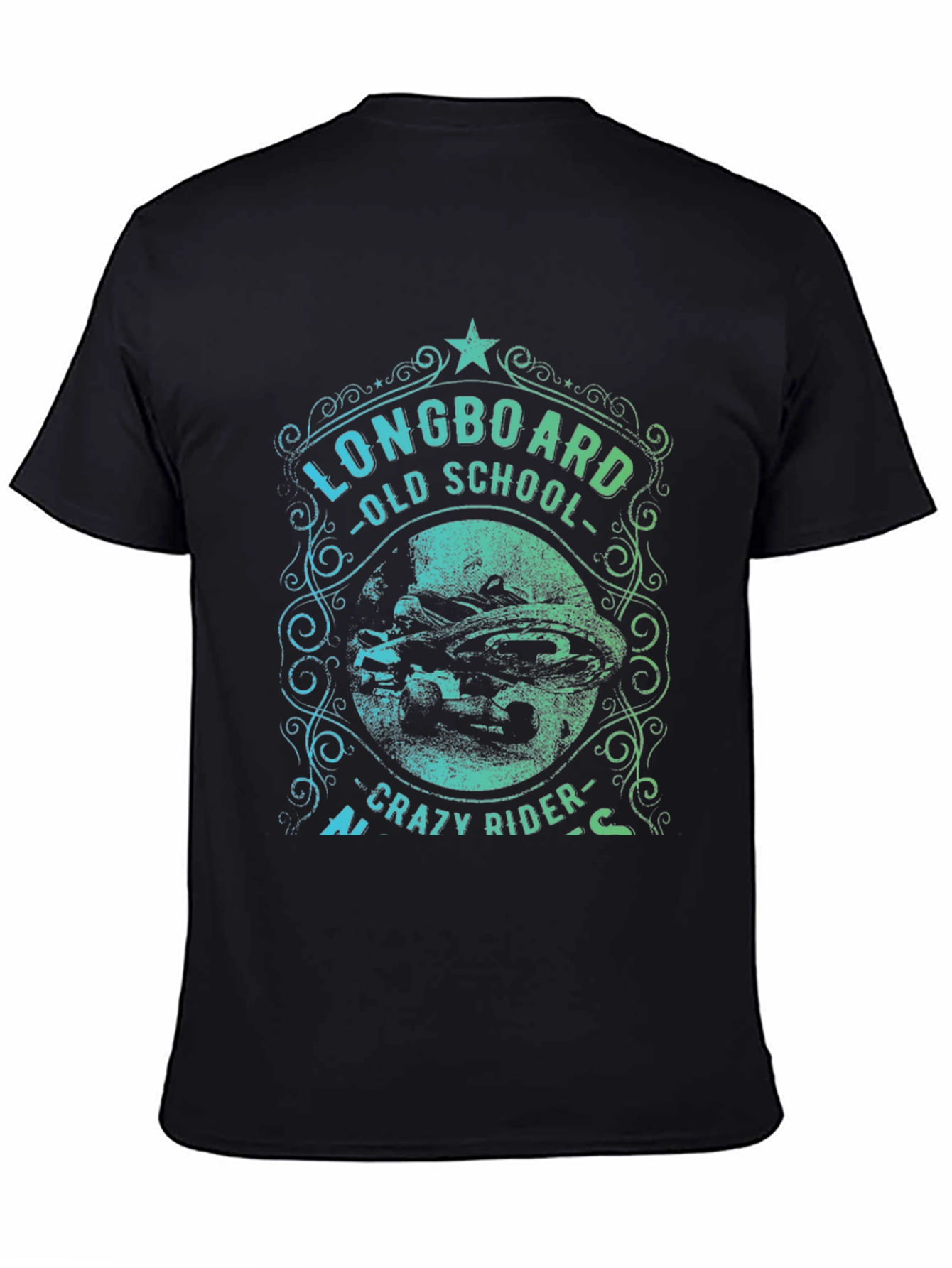 Black Longboard Old School Crazy Rider Graphic T-Shirt view 4