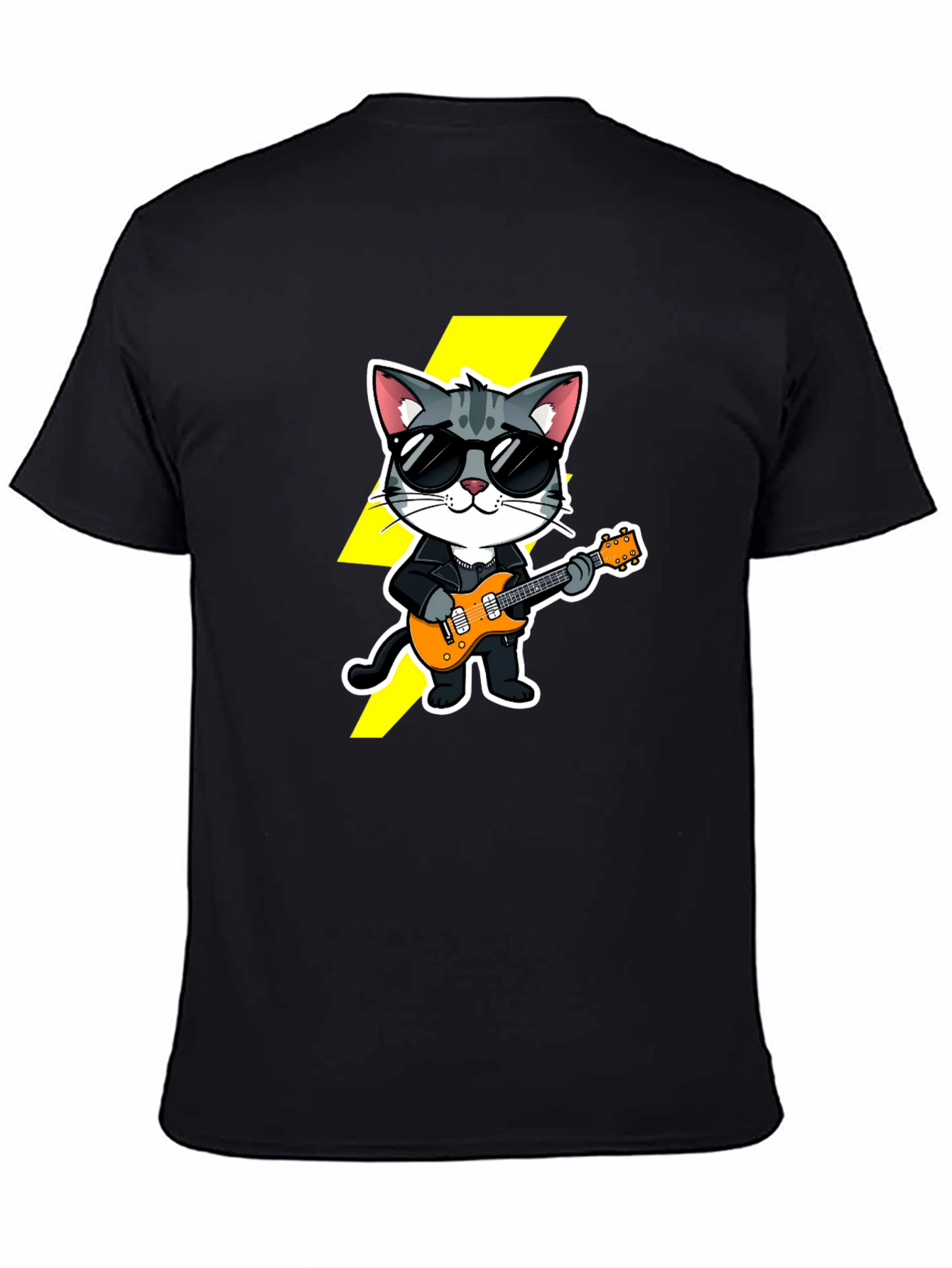 Black Cool Cat Guitarist Black T-Shirt view 4