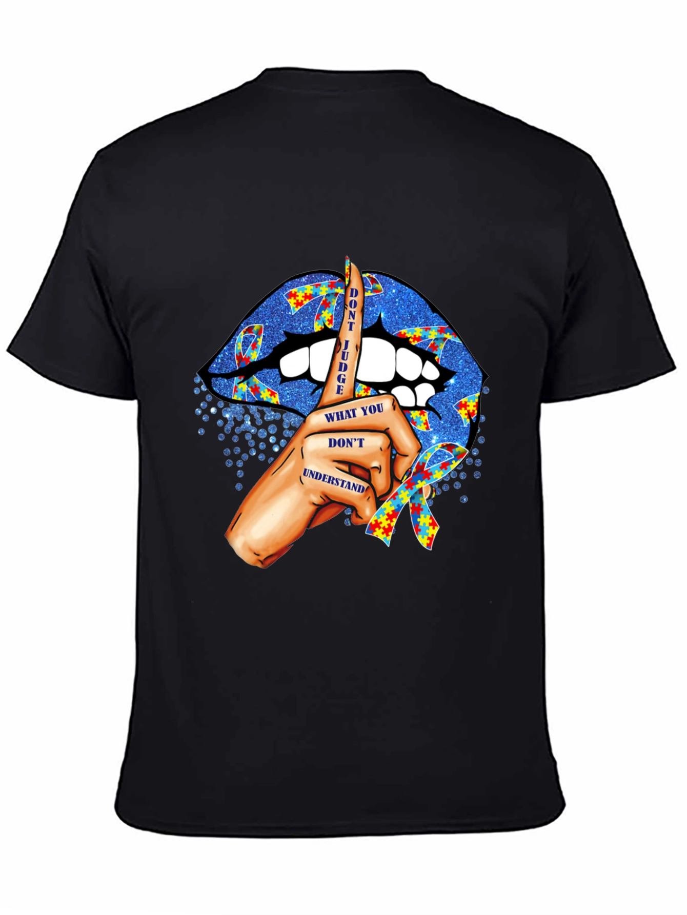 Black Autism Awareness Lips T-Shirt - Don't Judge view 4