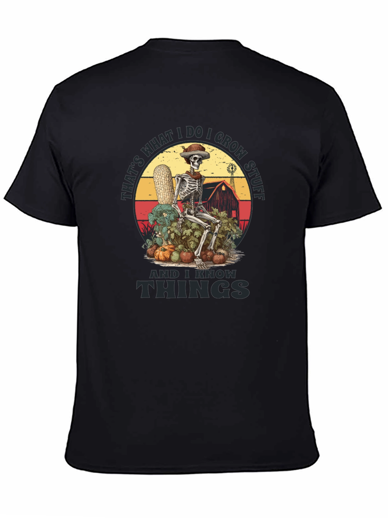 Black Funny Farmer Skeleton T-Shirt - I Grow Stuff & I Know Things Tee view 4