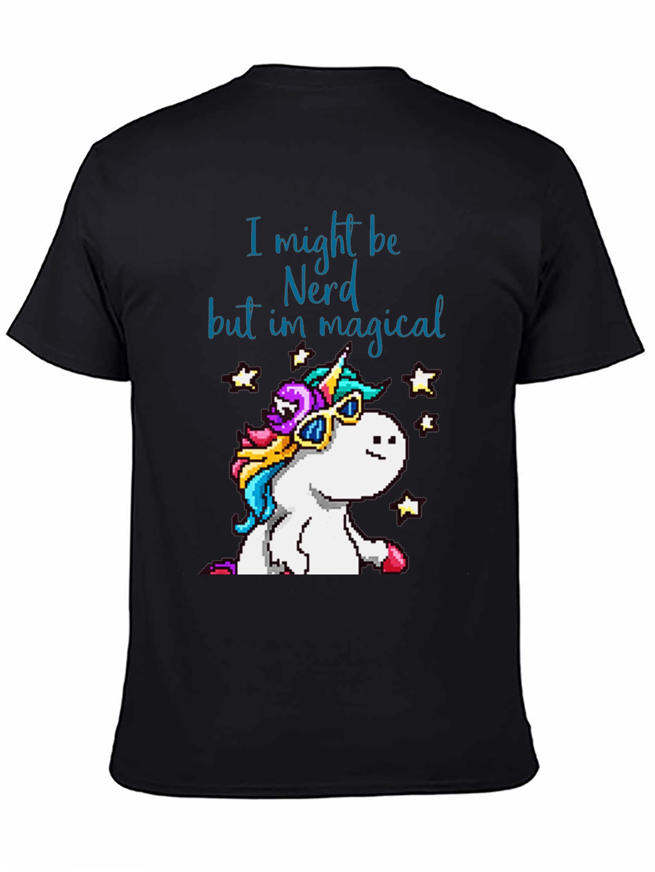 Black Nerd Magical Unicorn T-Shirt - Pixel Art Style view 4