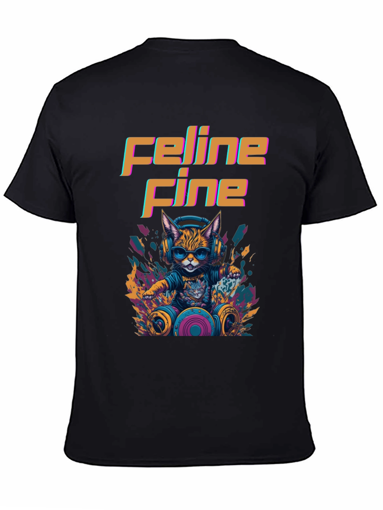 Black Feline Fine Graphic Tee - DJ Cat T-Shirt view 4