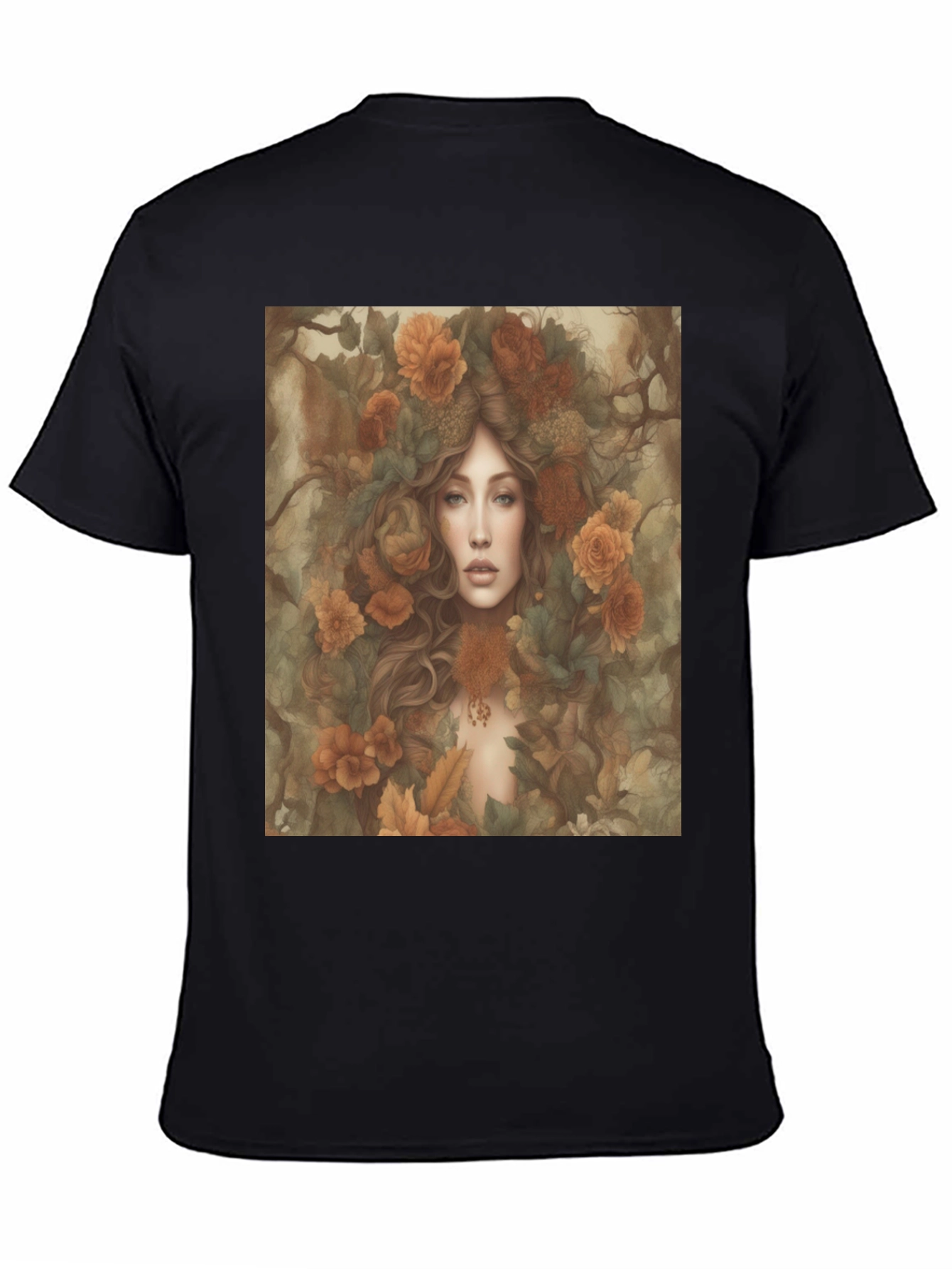 Black Floral Fantasy T-Shirt: Woman with Autumn Flowers view 4