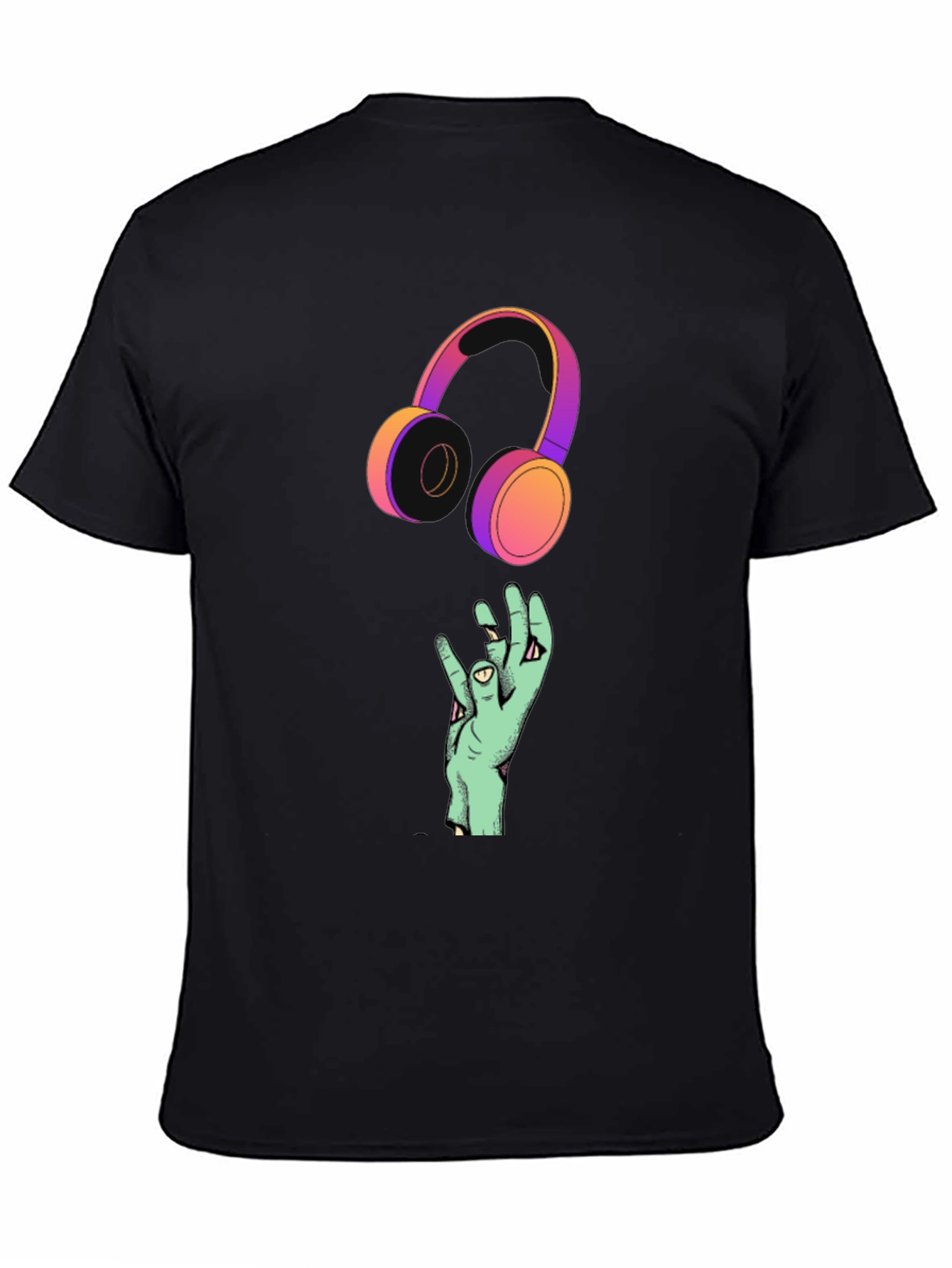 Black Cool Graphic T-Shirt with Headphones and Hand Design view 4