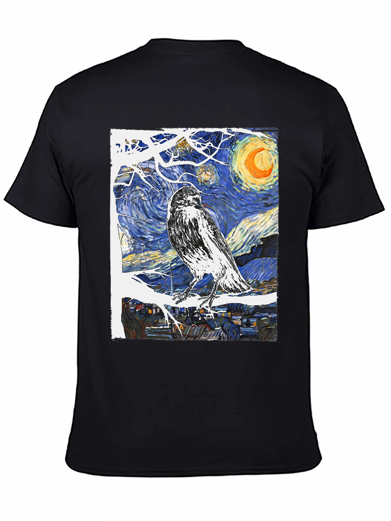 Black Starry Night Raven T-Shirt Art Tee view 4