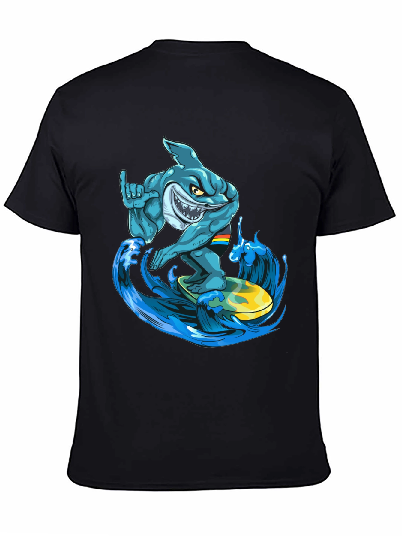 Black Surfing Shark Graphic T-Shirt - Cool Cartoon Design view 4