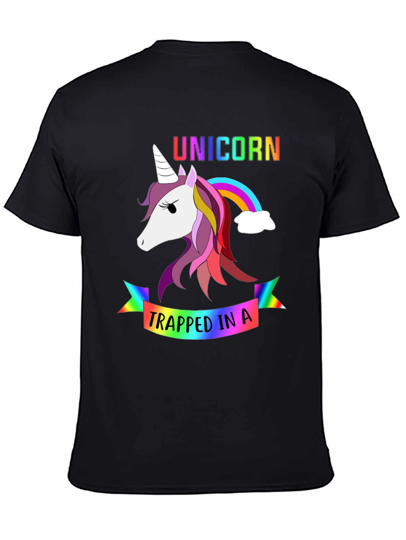 Black Unicorn Trapped in a Rainbow Graphic Tee view 4