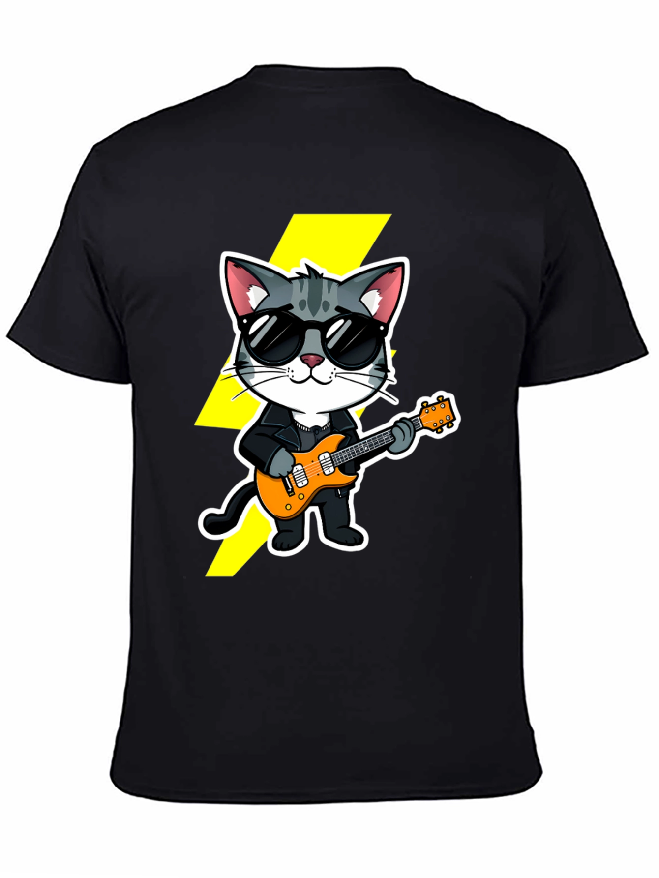 Black Rockstar Cat T-Shirt - Cool Cat with Guitar view 4