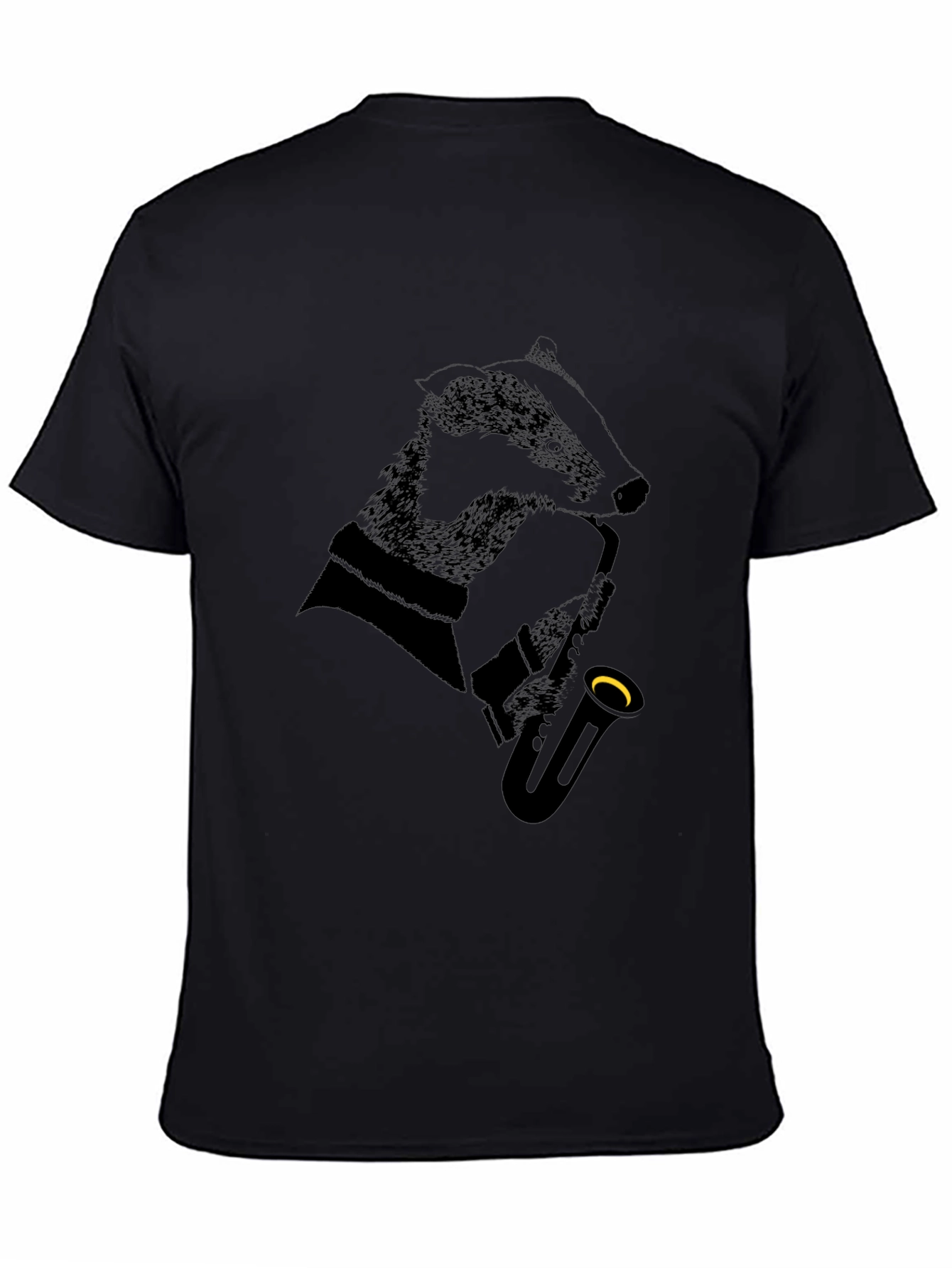 Black Jazz Badger Black T-Shirt - Cool Animal Saxophone Design view 4