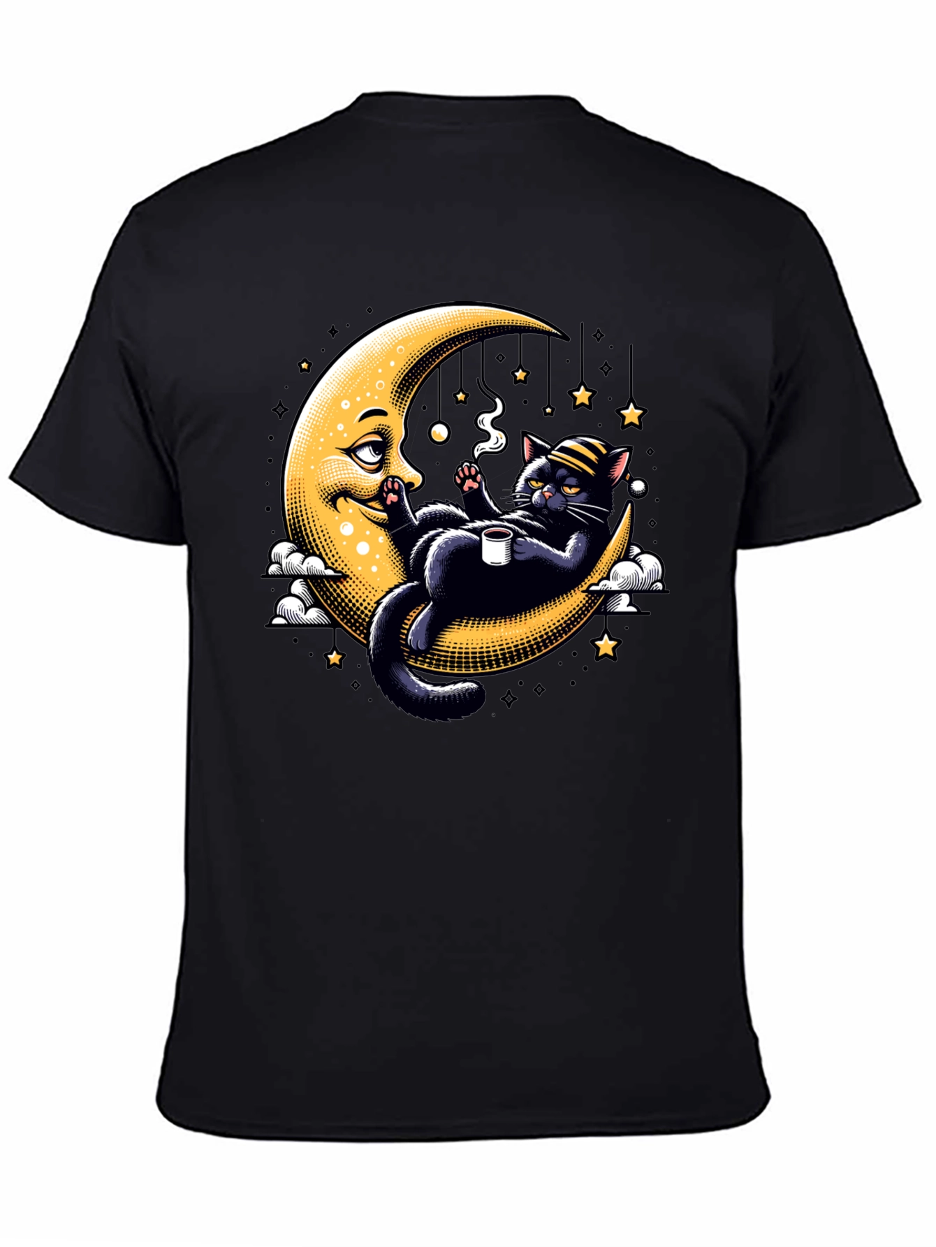 Black Cool Cat on Moon T-Shirt view 4