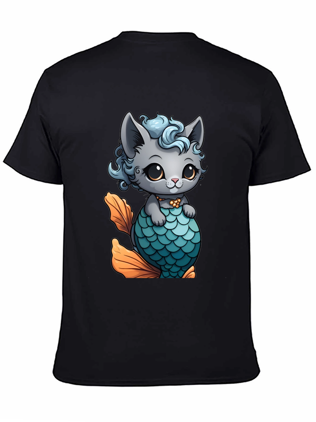 Black Cute Cat Mermaid T-Shirt - Unique Graphic Tee view 4