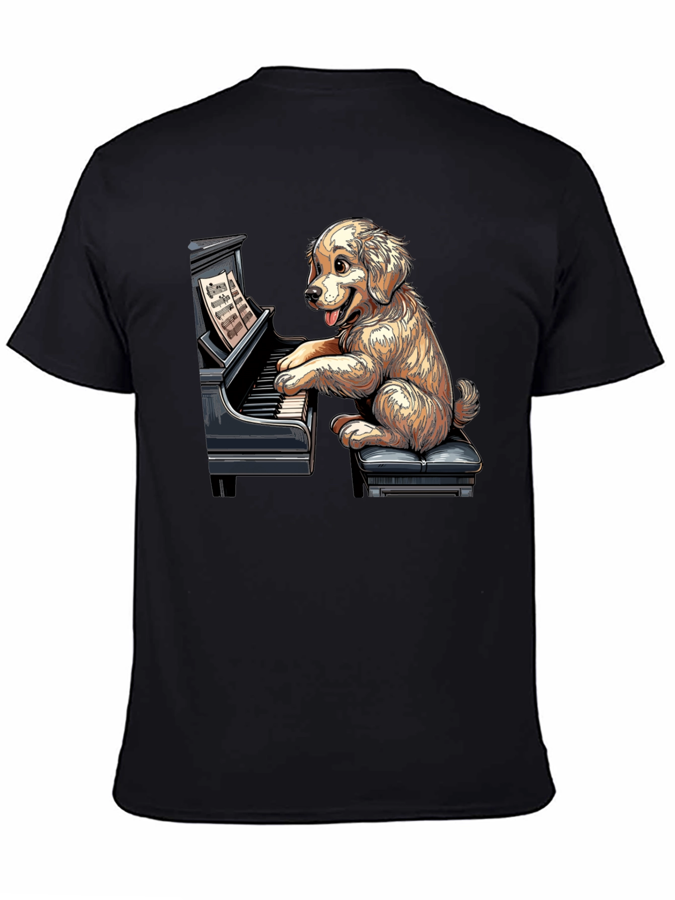 Black Dog Playing Piano Graphic Tee - Unisex Black T-Shirt view 4