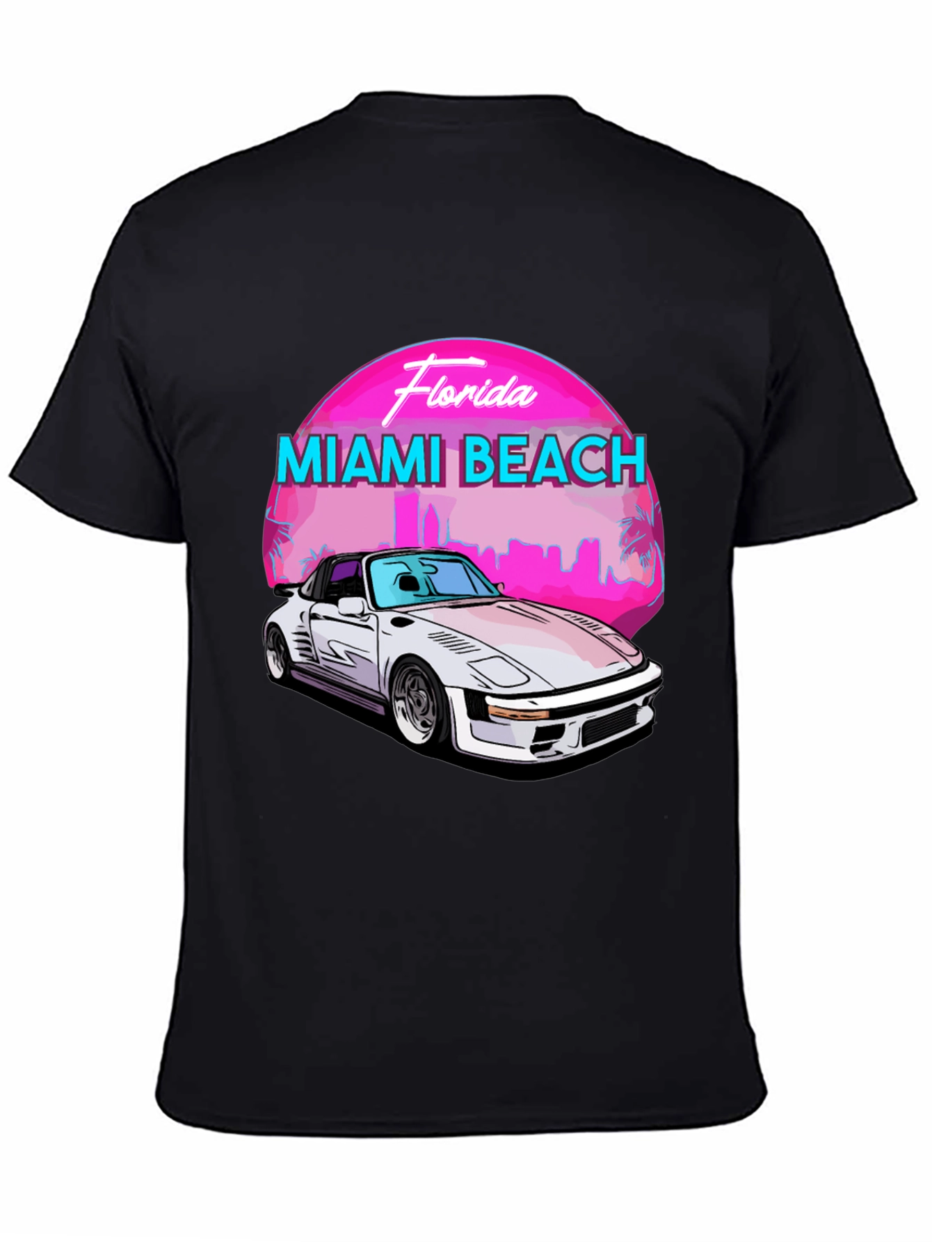 Black Miami Beach Florida T-Shirt - Retro Car Design view 4