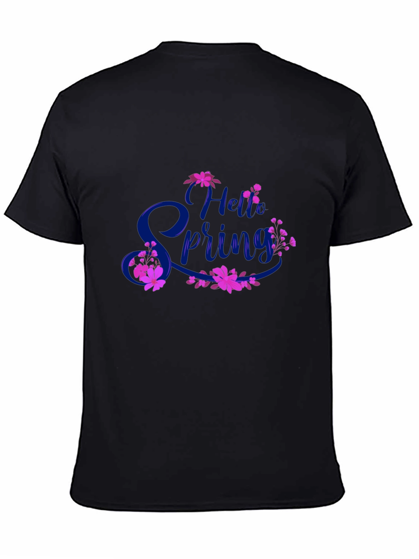Black Hello Spring Black T-Shirt Floral Design view 4